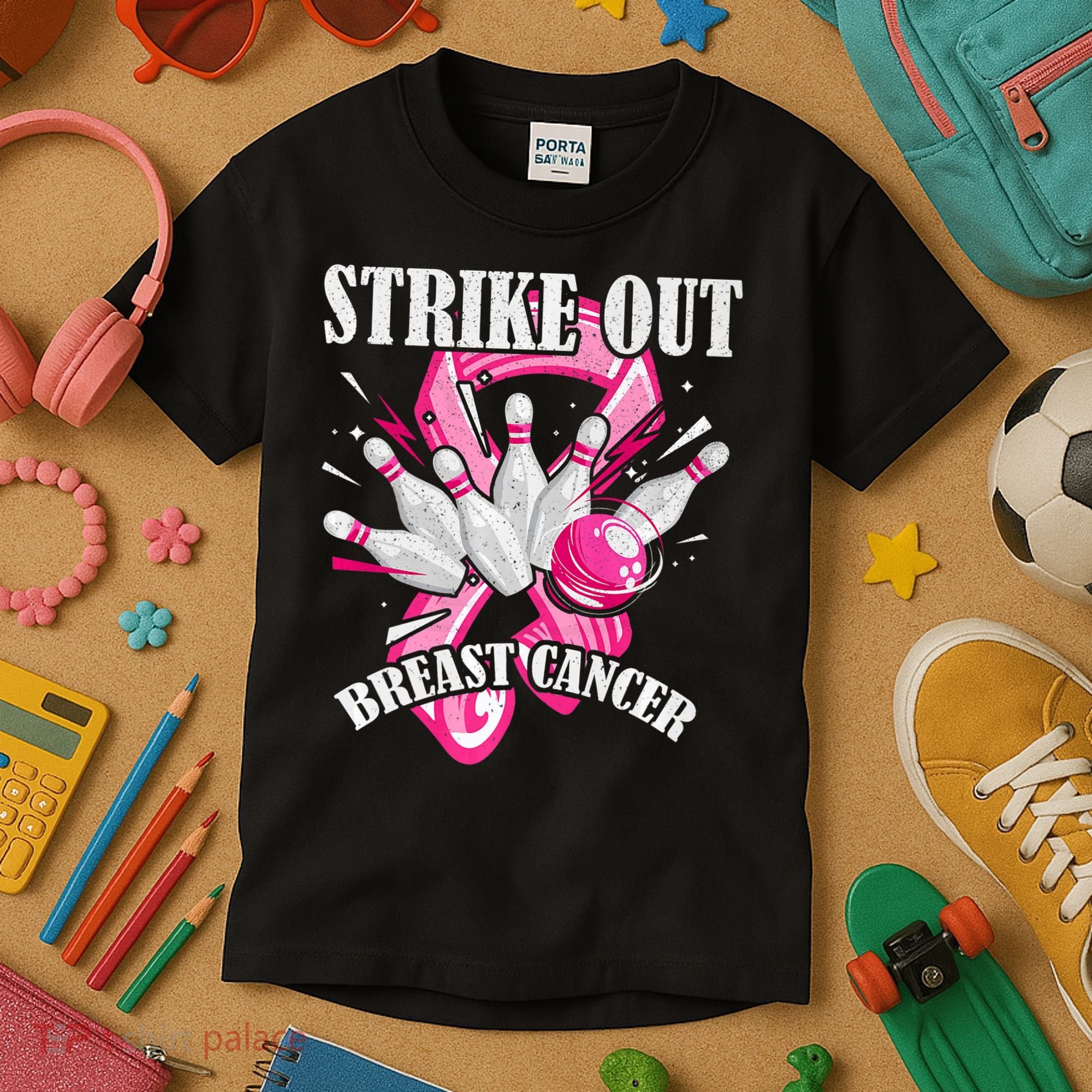 Strike Out Breast Cancer Awareness Bowling Fighter Kids T-Shirt