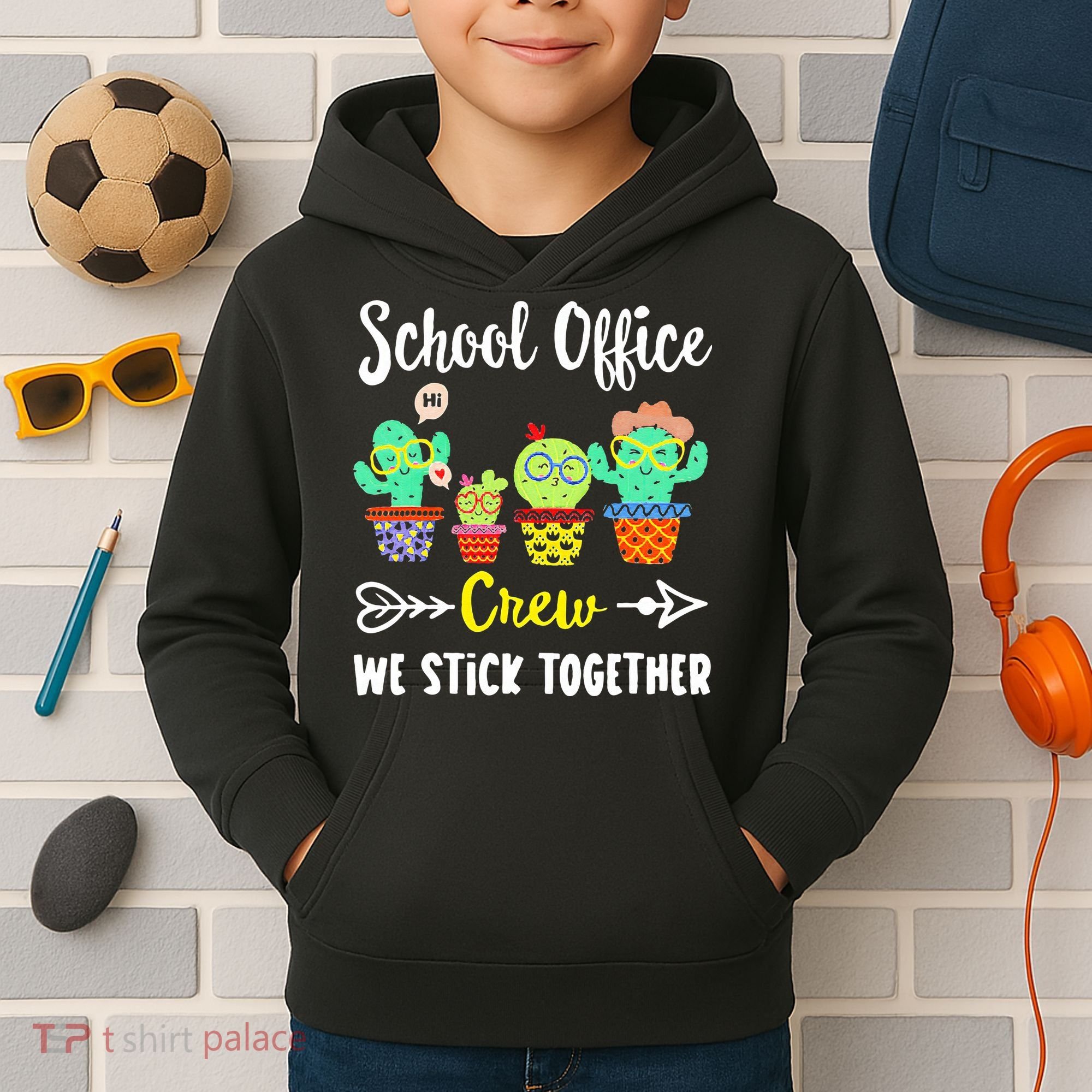 School Office Crew We Stick Together Funny Cactus Kids Hoodie