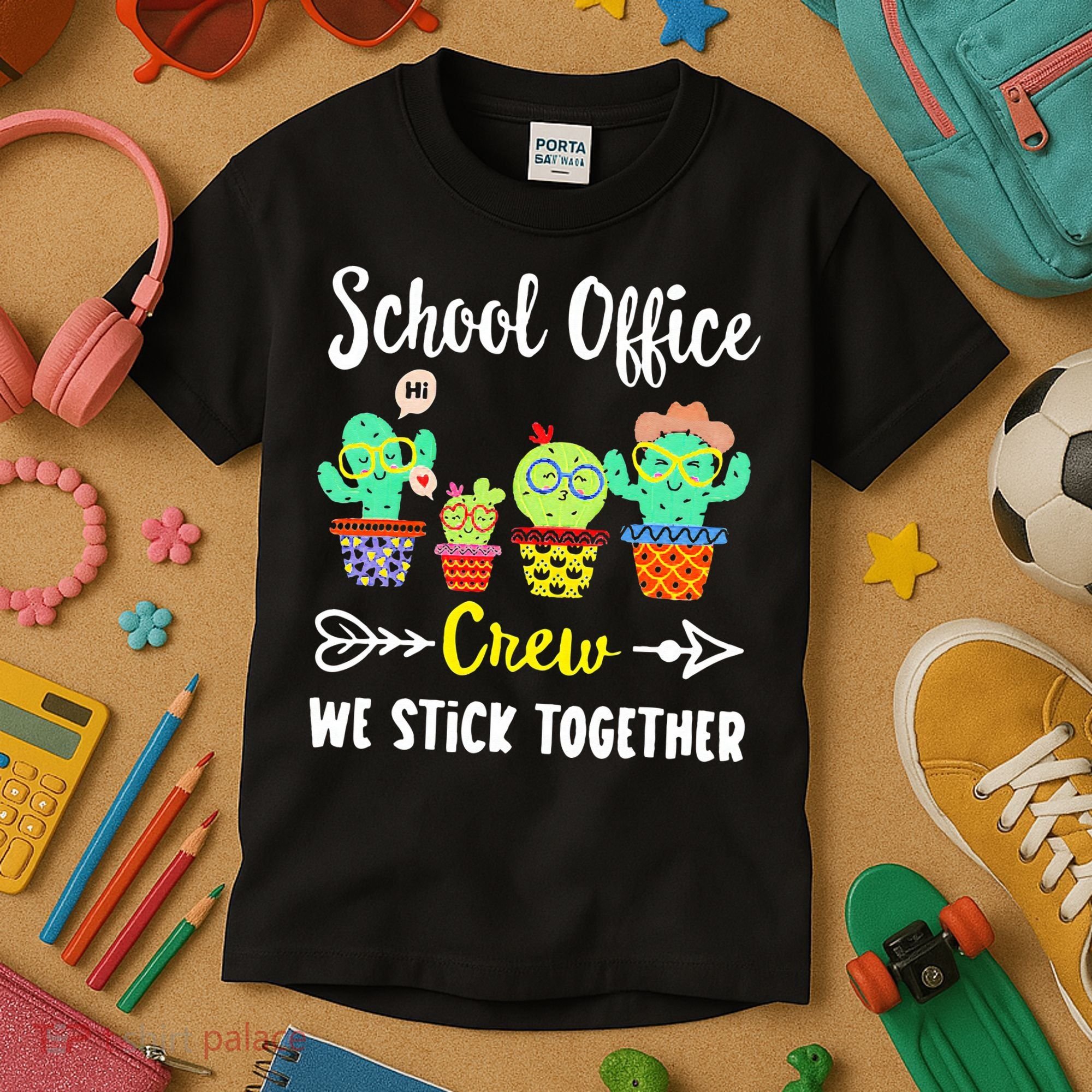 School Office Crew We Stick Together Funny Cactus Kids T-Shirt