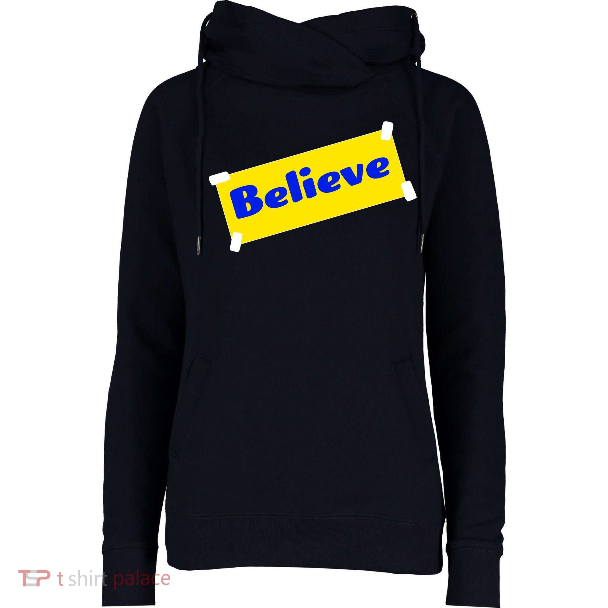 Soccer Believe Faith Coach Womens Funnel Neck Pullover Hood