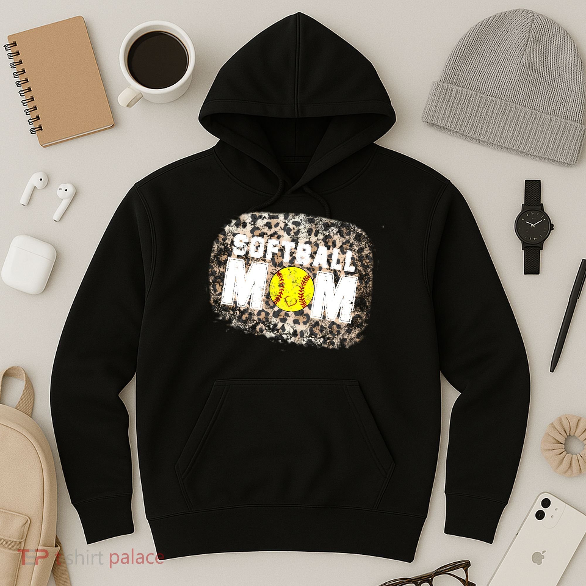 Softball Mom leopard Background Hoodie