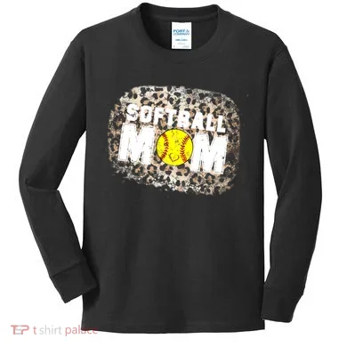 Softball Mom leopard Background Kids Long Sleeve Shirt