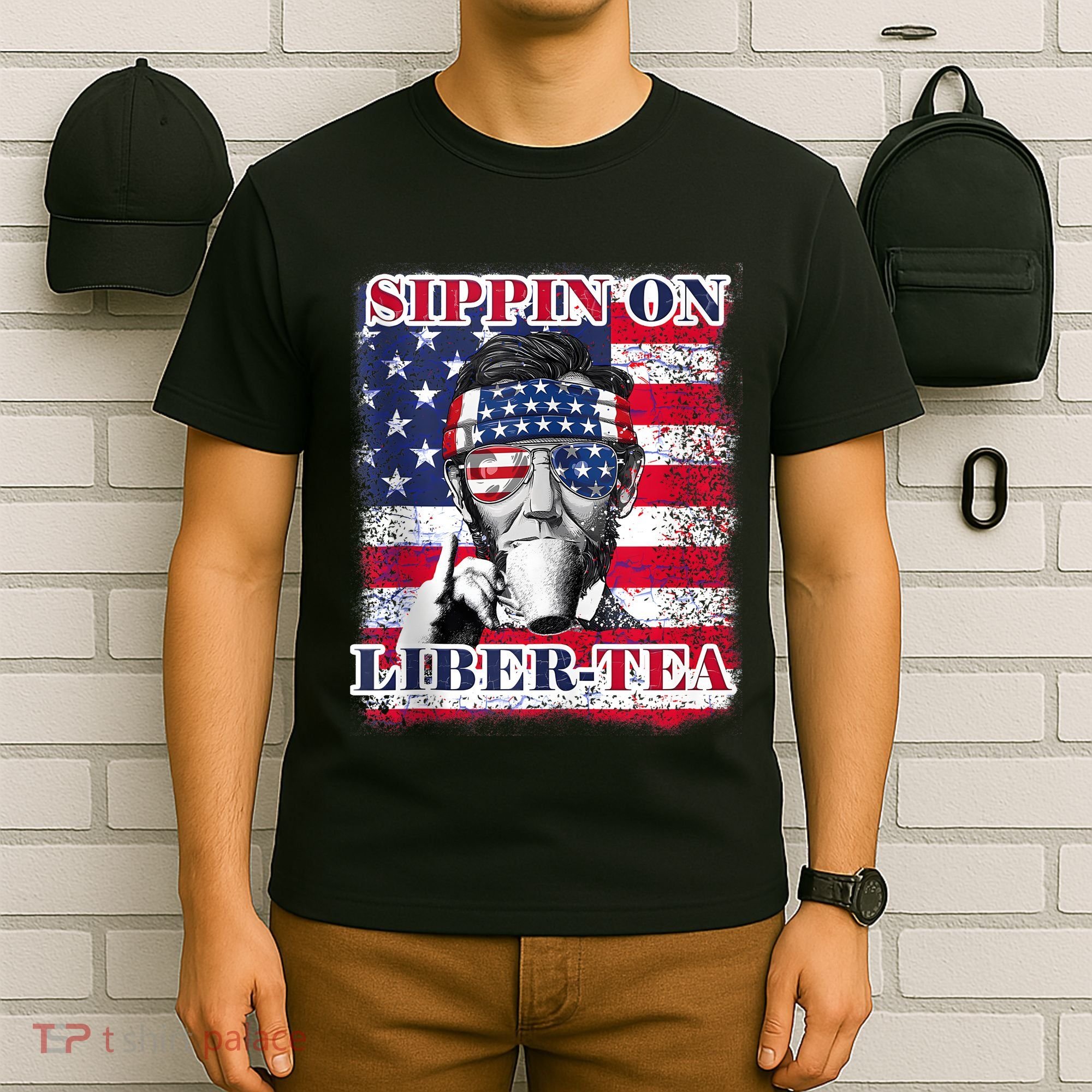 Sippin On Liberty 4th Of July Men Abraham Lincoln Flag Funny T-Shirt