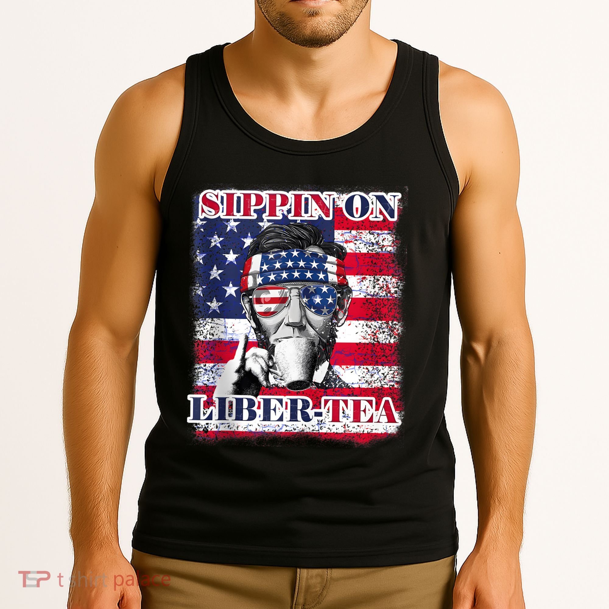 Sippin On Liberty 4th Of July Men Abraham Lincoln Flag Funny Tank Top