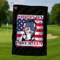 Sippin On Liberty 4th Of July Men Abraham Lincoln Flag Funny Golf Towel thumb 1