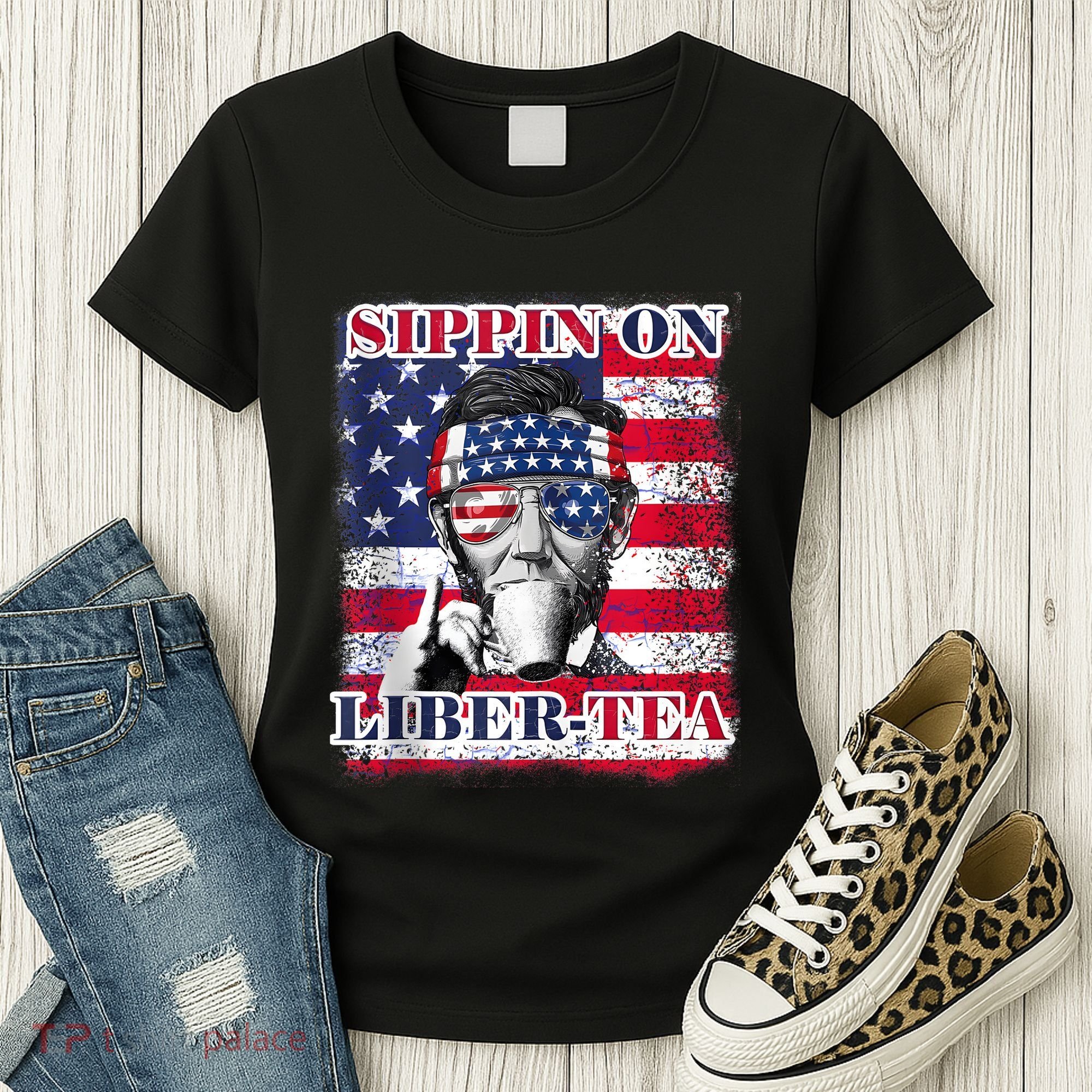 Sippin On Liberty 4th Of July Men Abraham Lincoln Flag Funny Women's T-Shirt