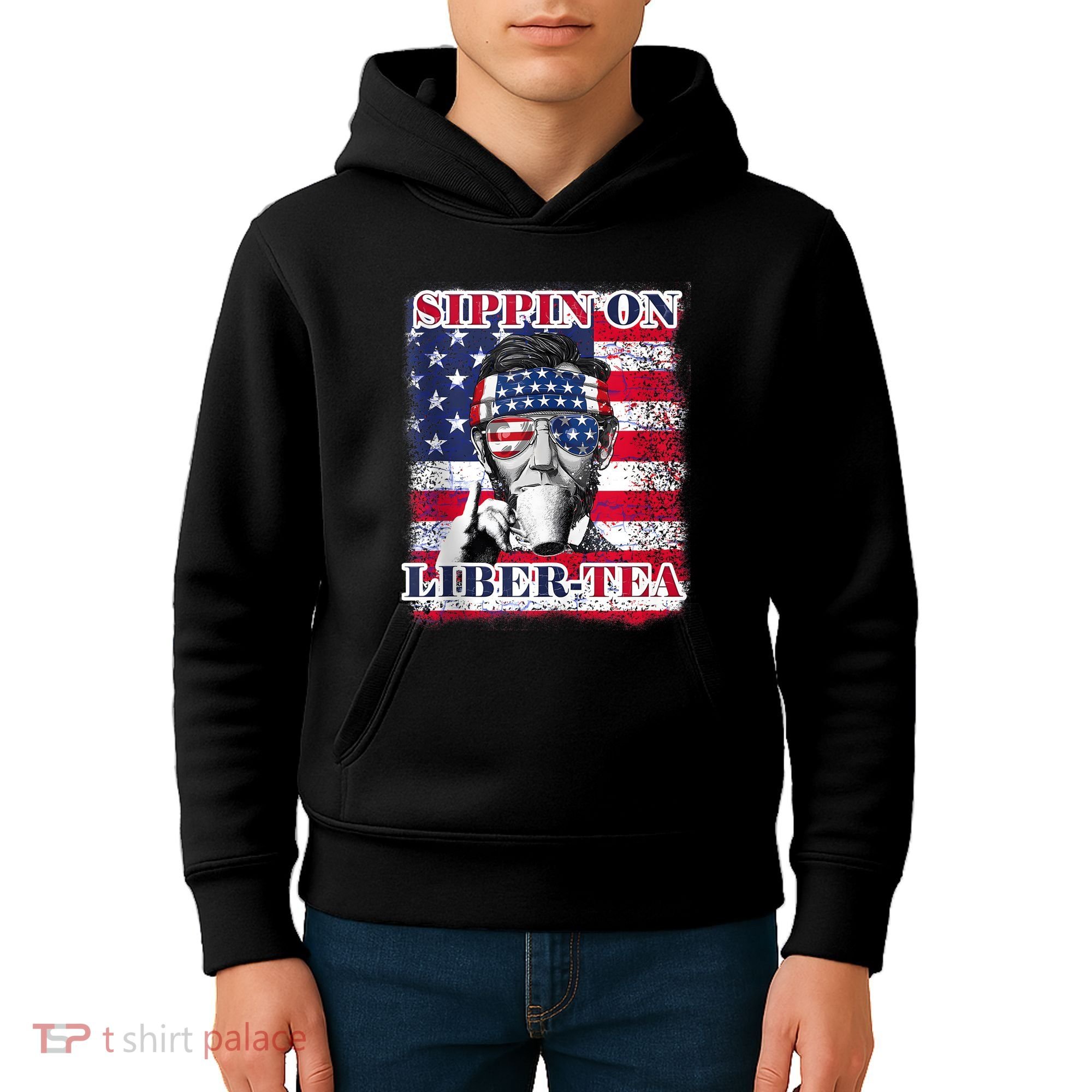 Sippin On Liberty 4th Of July Men Abraham Lincoln Flag Funny Kids Hoodie