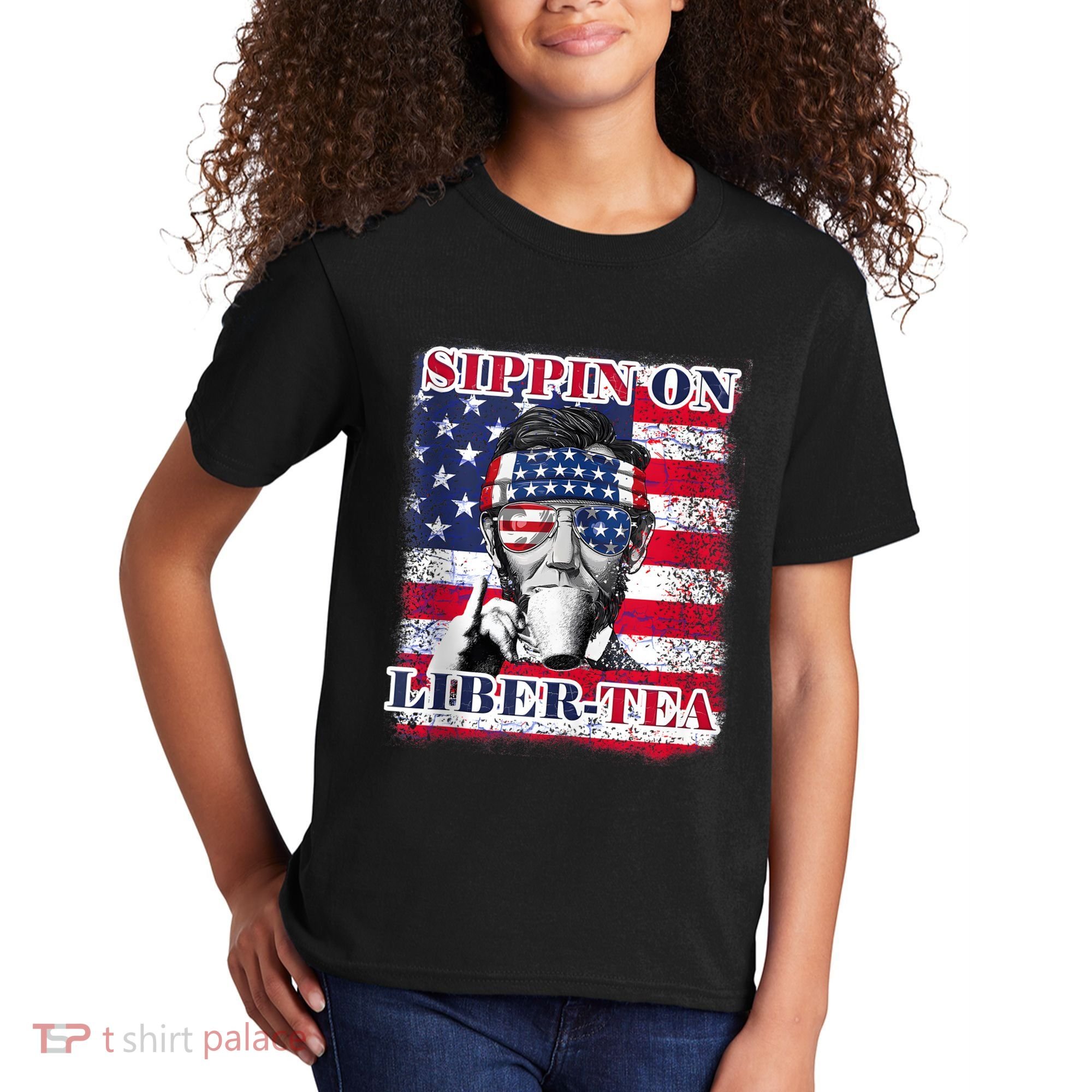 Sippin On Liberty 4th Of July Men Abraham Lincoln Flag Funny Kids T-Shirt