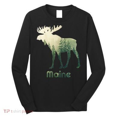 State Of Maine Moose Forest Tree Hunter Wildlife Long Sleeve Shirt