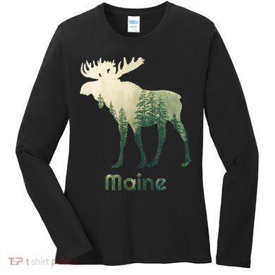 State Of Maine Moose Forest Tree Hunter Wildlife Women's Long Sleeve Shirt