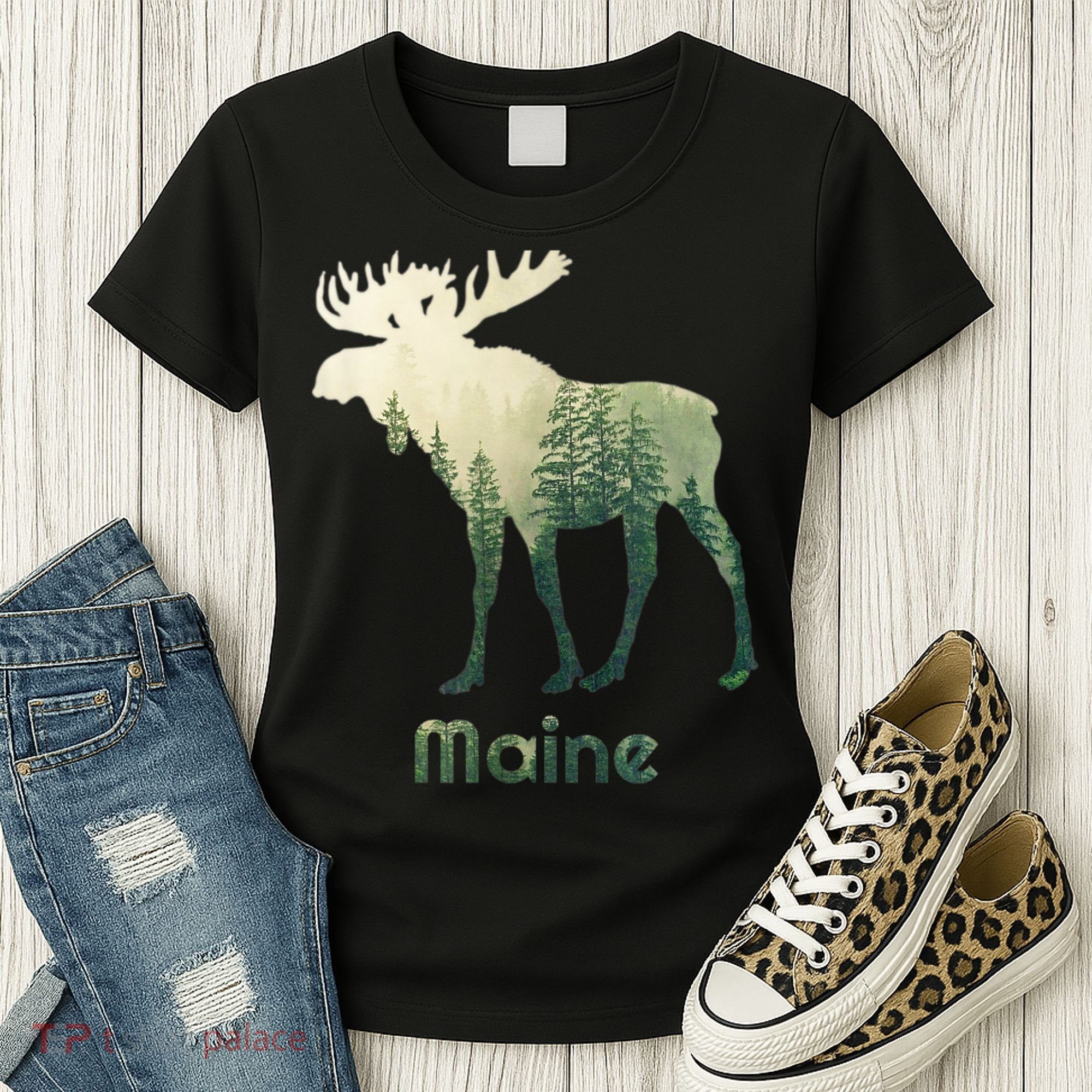 State Of Maine Moose Forest Tree Hunter Wildlife Women's T-Shirt