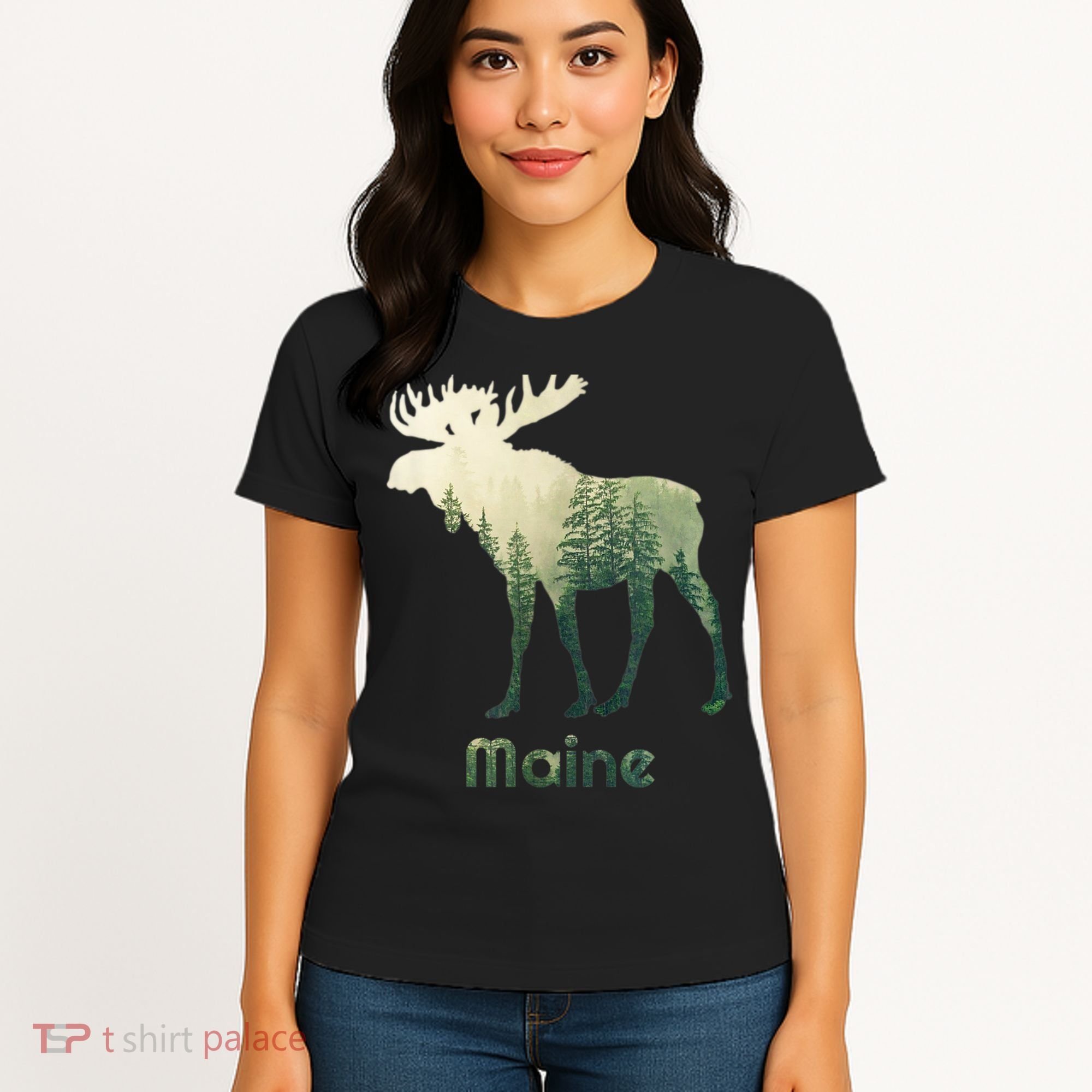State Of Maine Moose Forest Tree Hunter Wildlife Women's T-Shirt