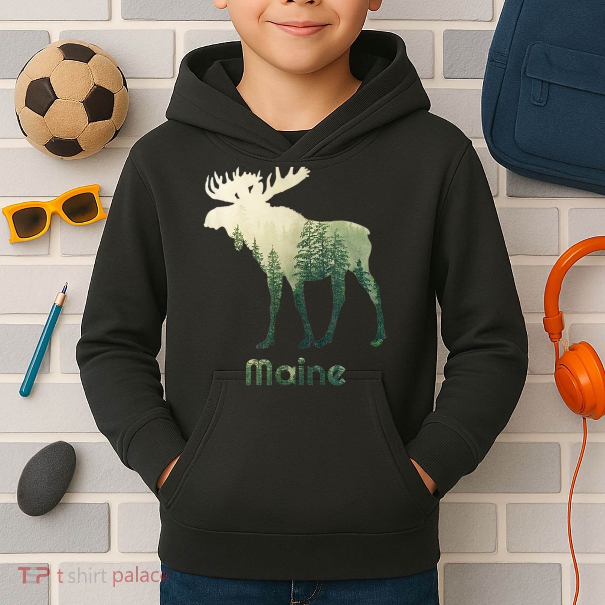 State Of Maine Moose Forest Tree Hunter Wildlife Kids Hoodie
