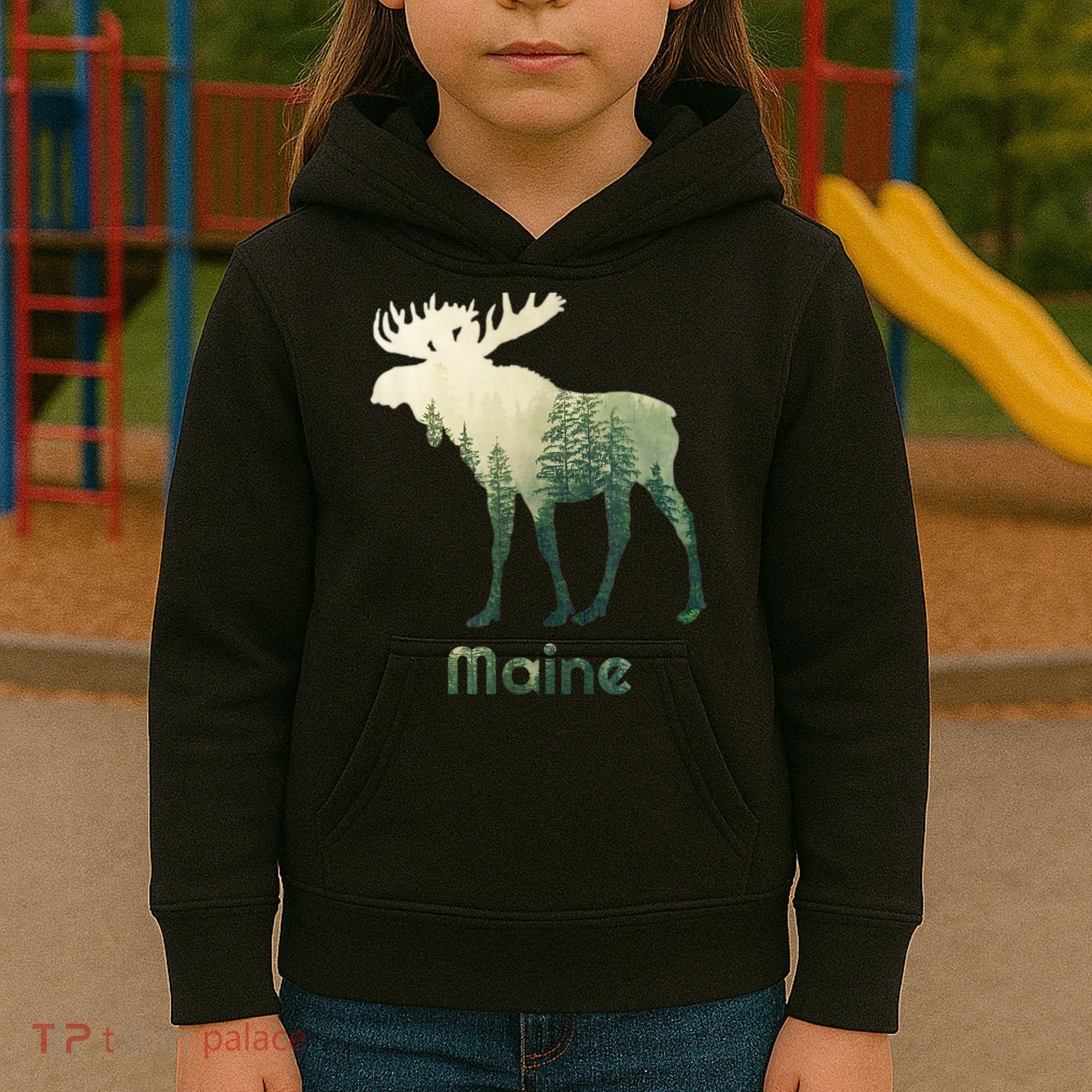 State Of Maine Moose Forest Tree Hunter Wildlife Kids Hoodie