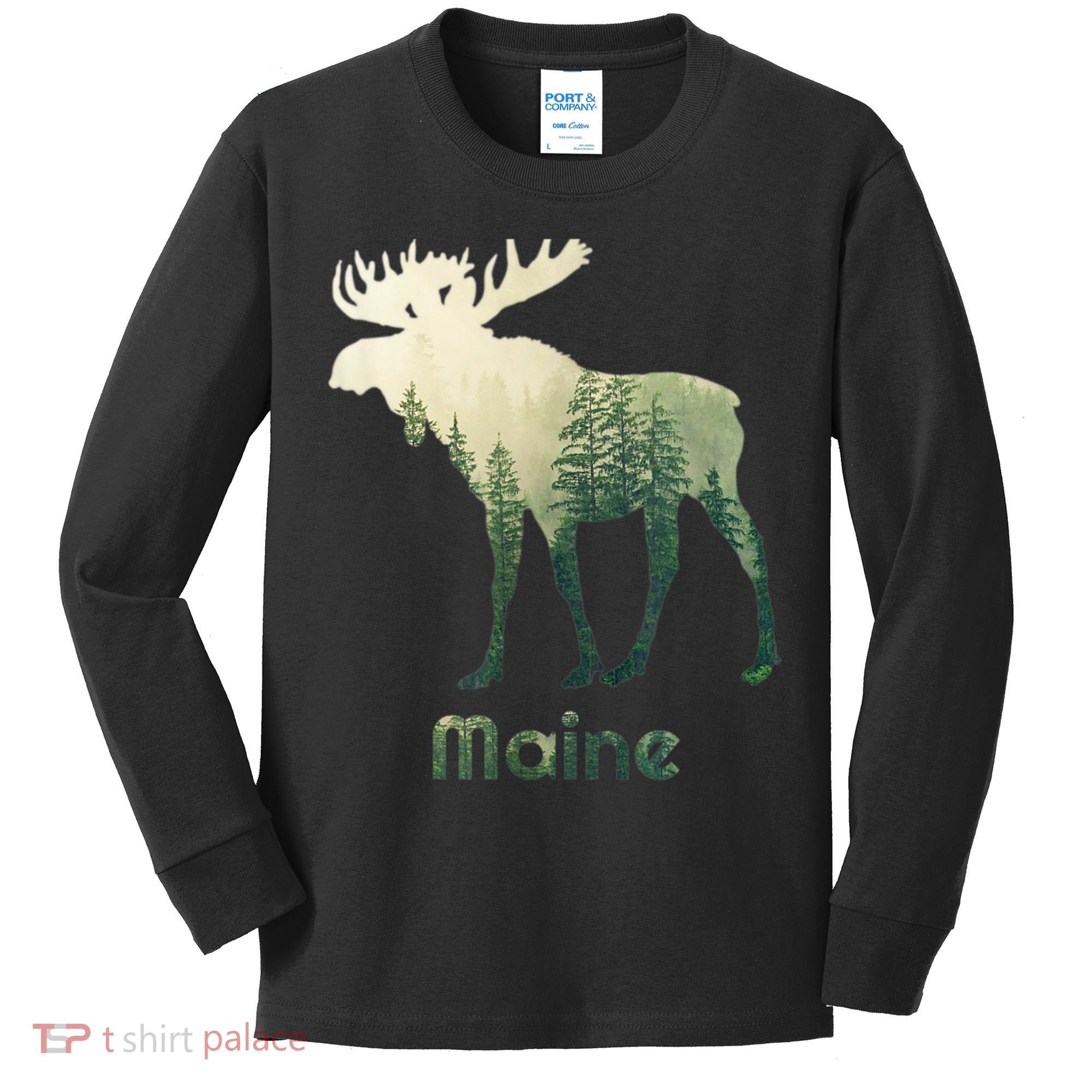 State Of Maine Moose Forest Tree Hunter Wildlife Kids Long Sleeve Shirt