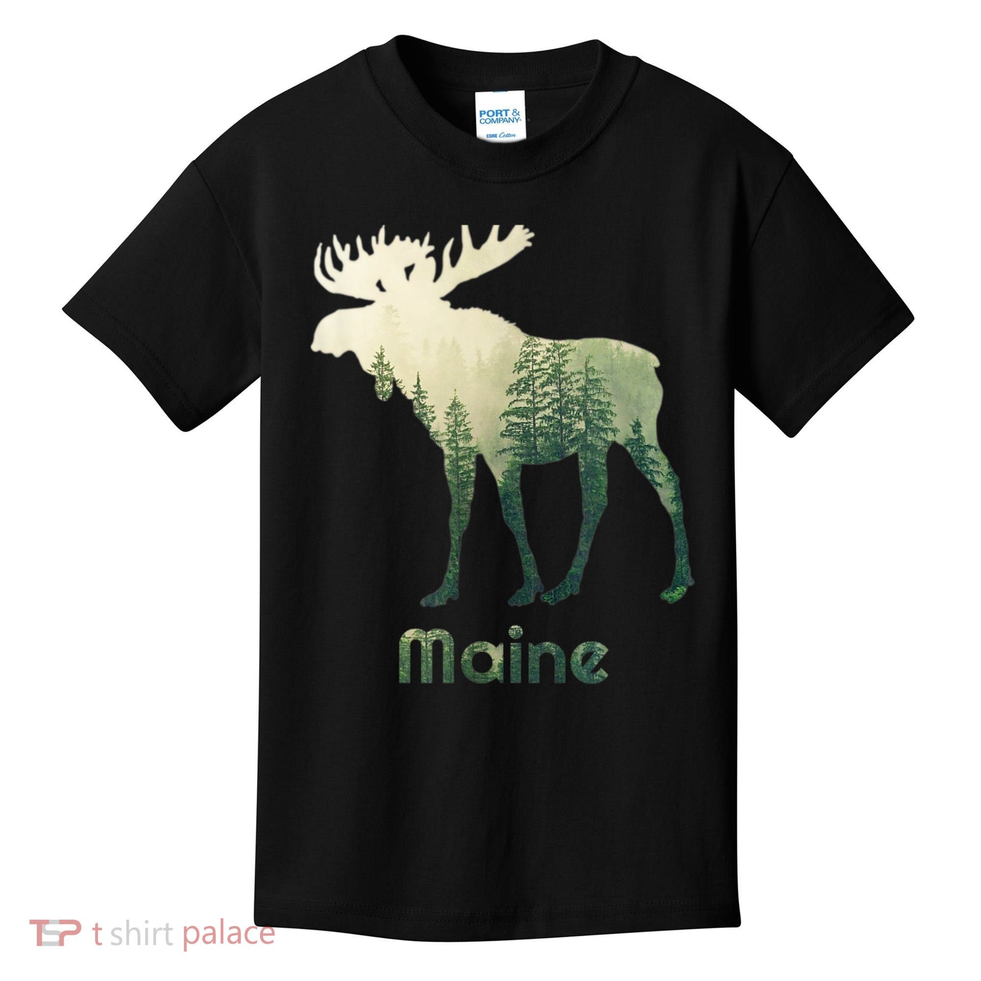 State Of Maine Moose Forest Tree Hunter Wildlife Kids T-Shirt