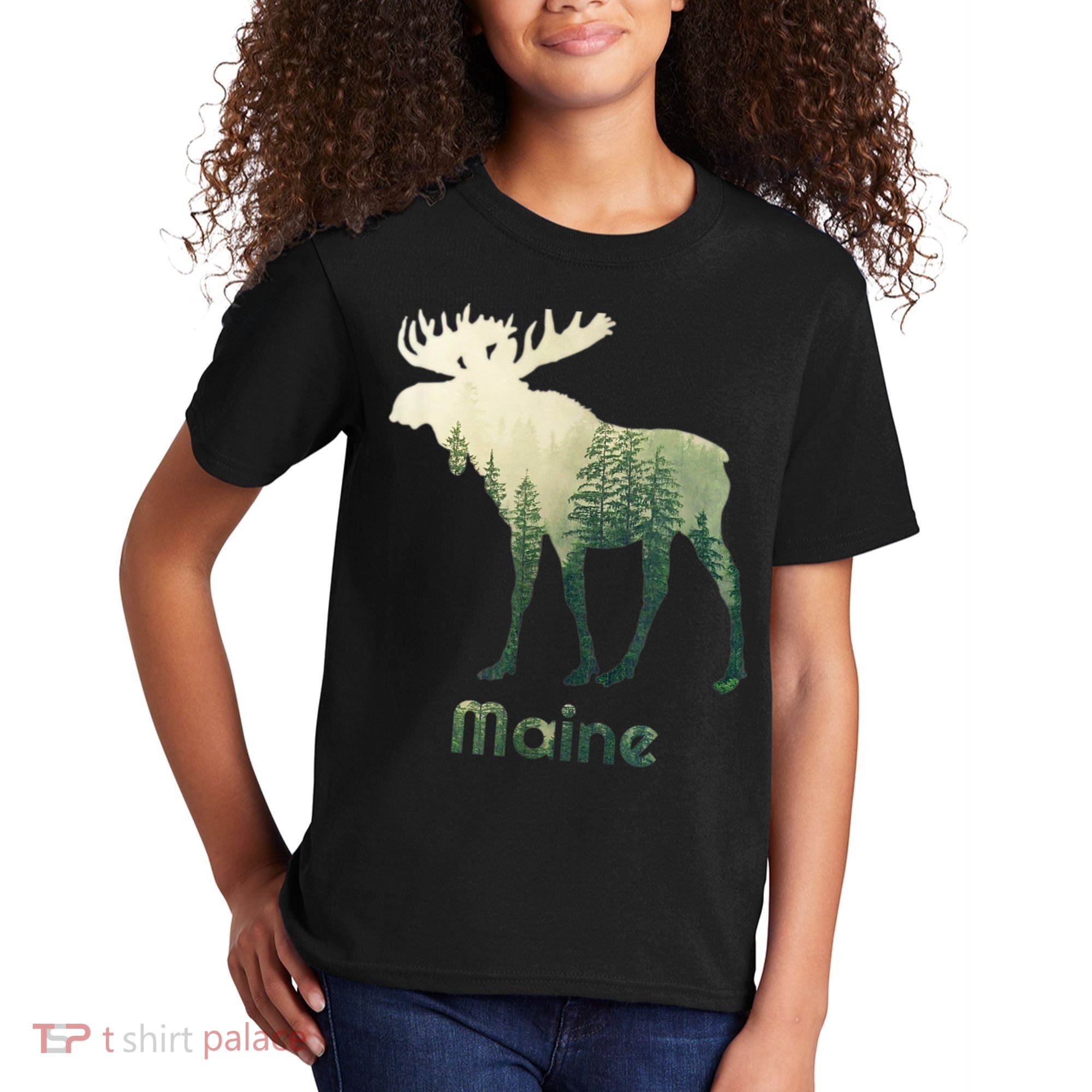 State Of Maine Moose Forest Tree Hunter Wildlife Kids T-Shirt