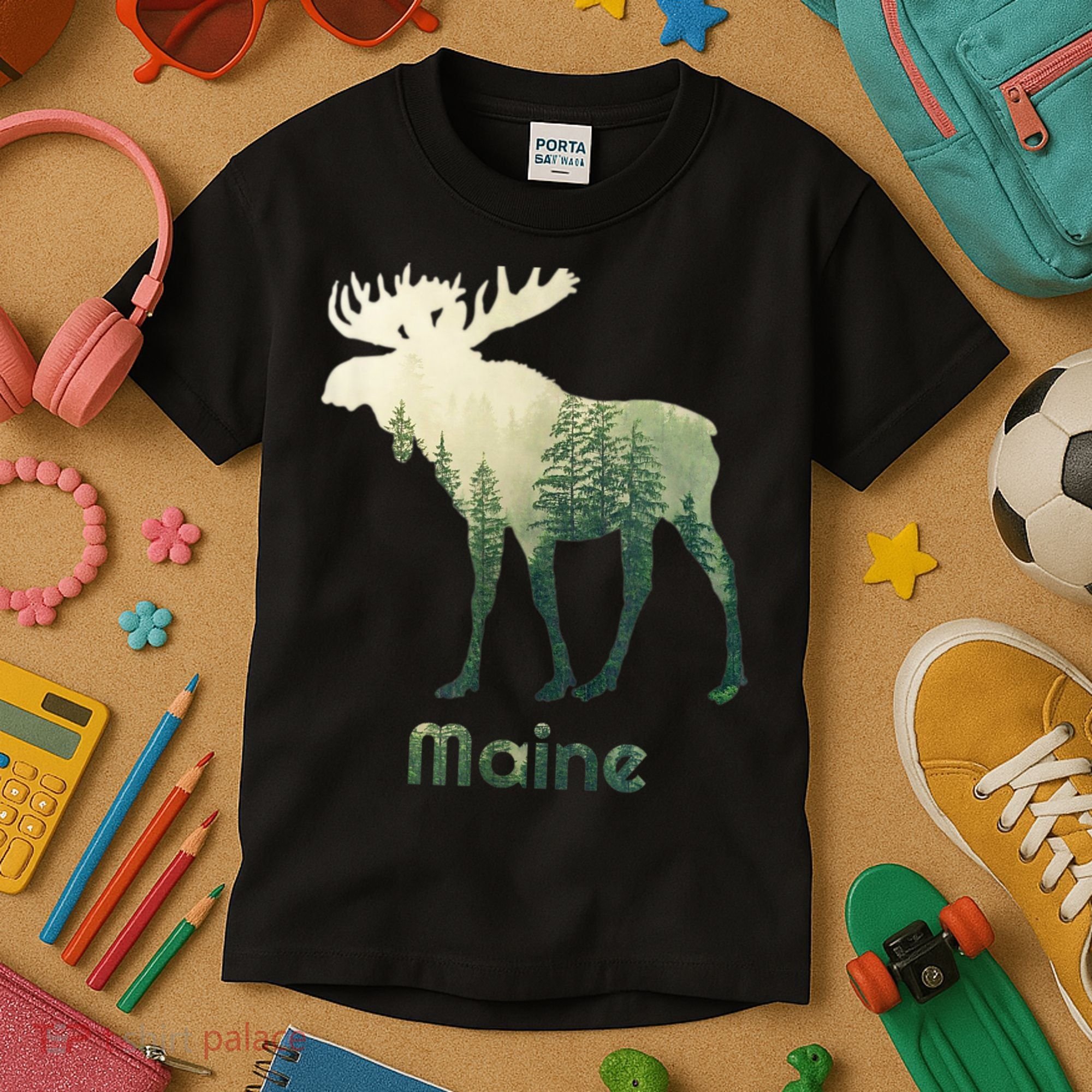 State Of Maine Moose Forest Tree Hunter Wildlife Kids T-Shirt