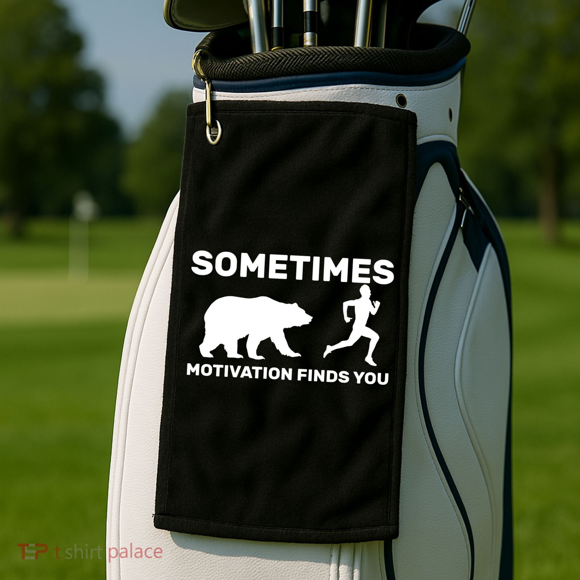 Sometimes Motivation Finds You Bear Golf Towel