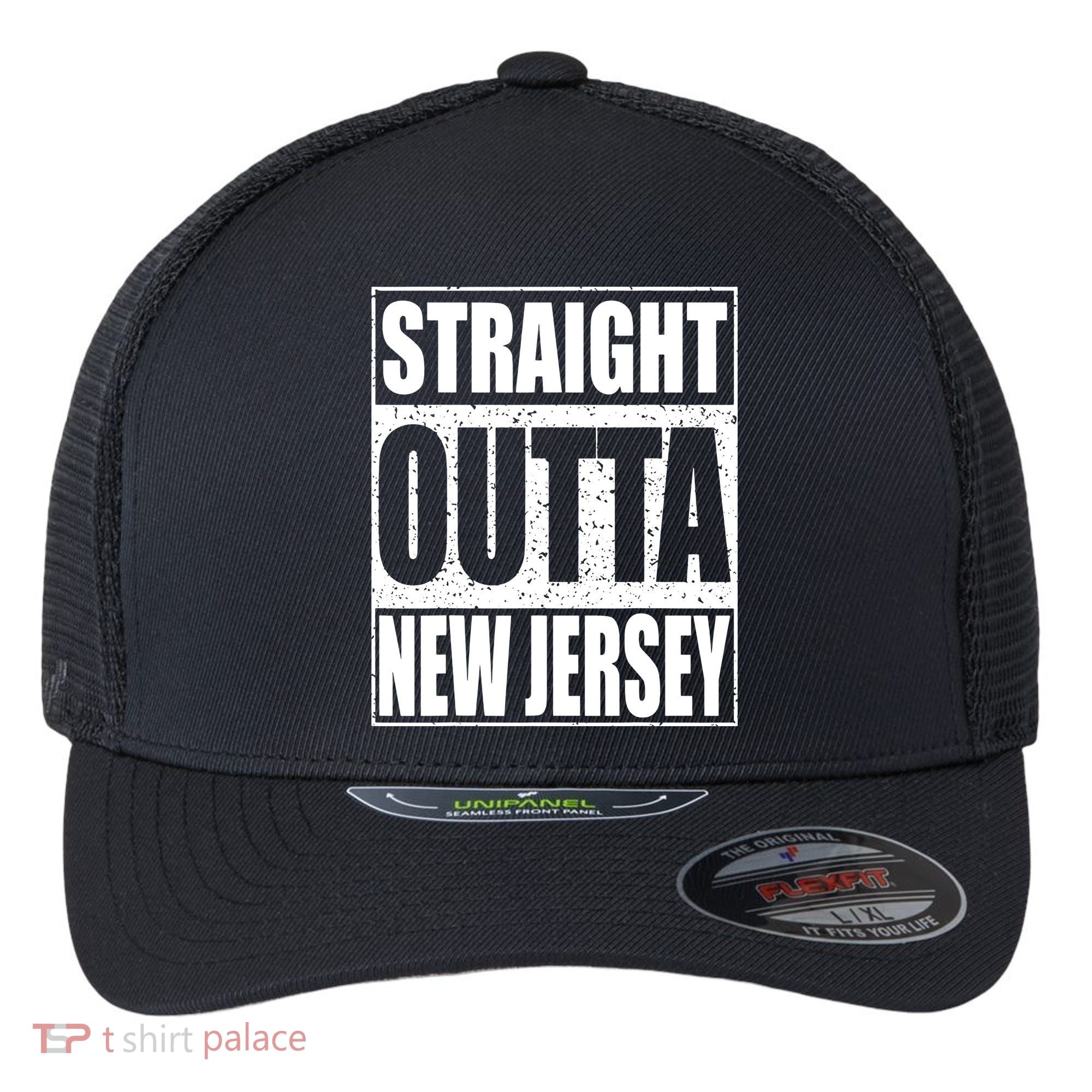 Straight Outta New Jersey Patriotic New Jersey State Flexfit Unipanel Trucker Cap