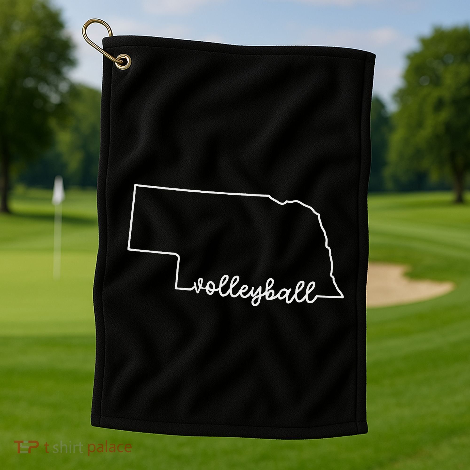 State Of Nebraska Outline With Volleyball Script Golf Towel