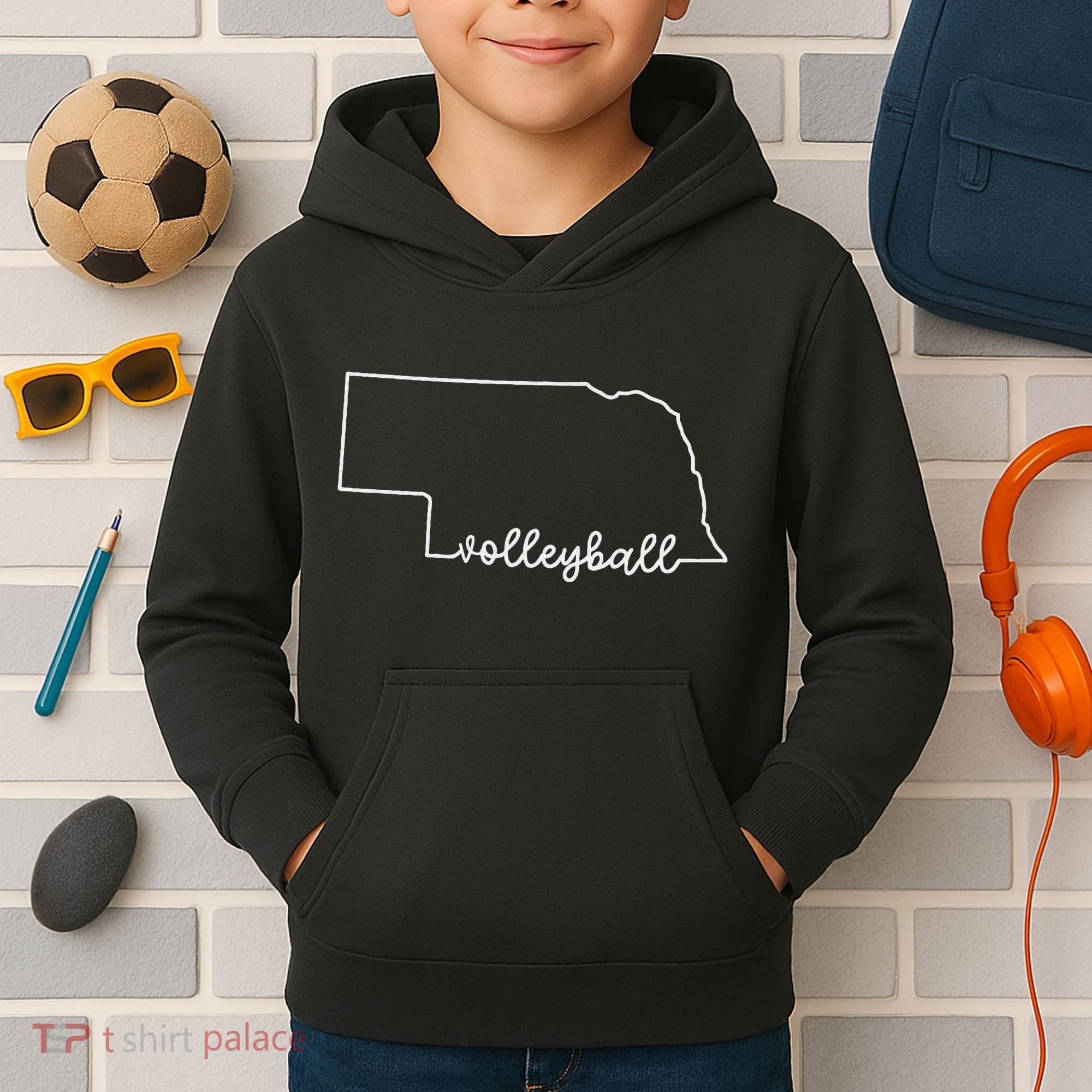 State Of Nebraska Outline With Volleyball Script Kids Hoodie