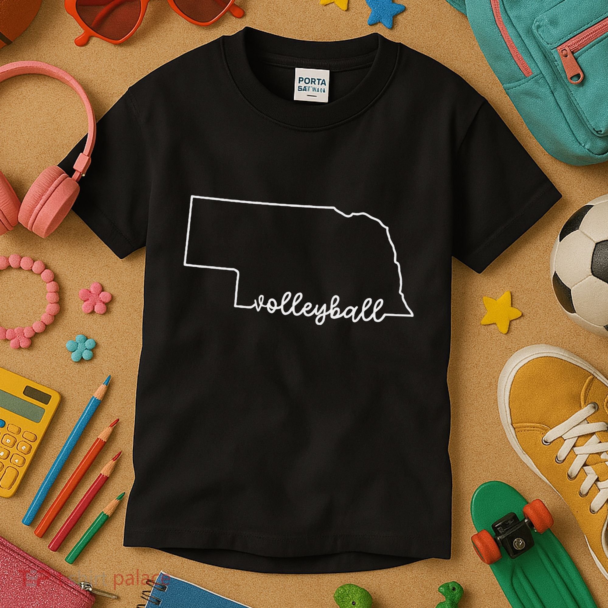 State Of Nebraska Outline With Volleyball Script Kids T-Shirt