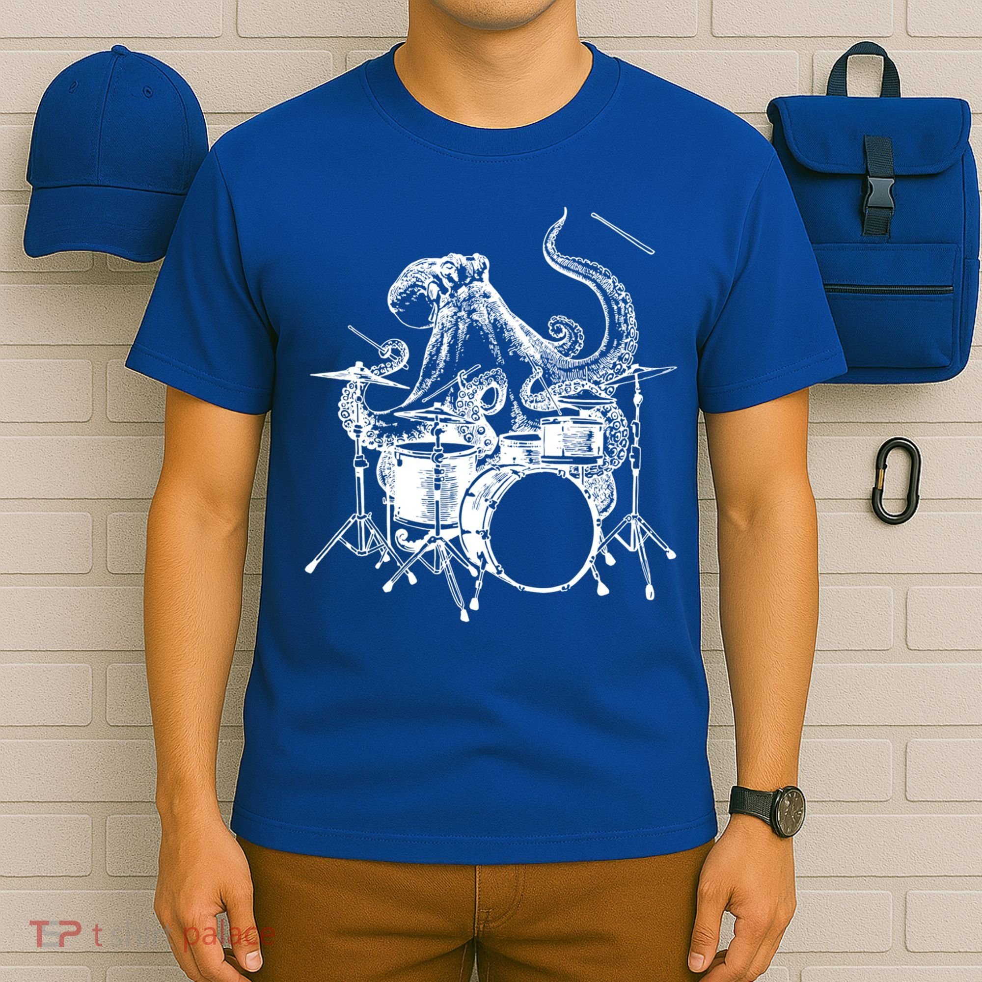 Seembo Octopus Playing Drums Drummer Drumming Musician Band Gift T-Shirt