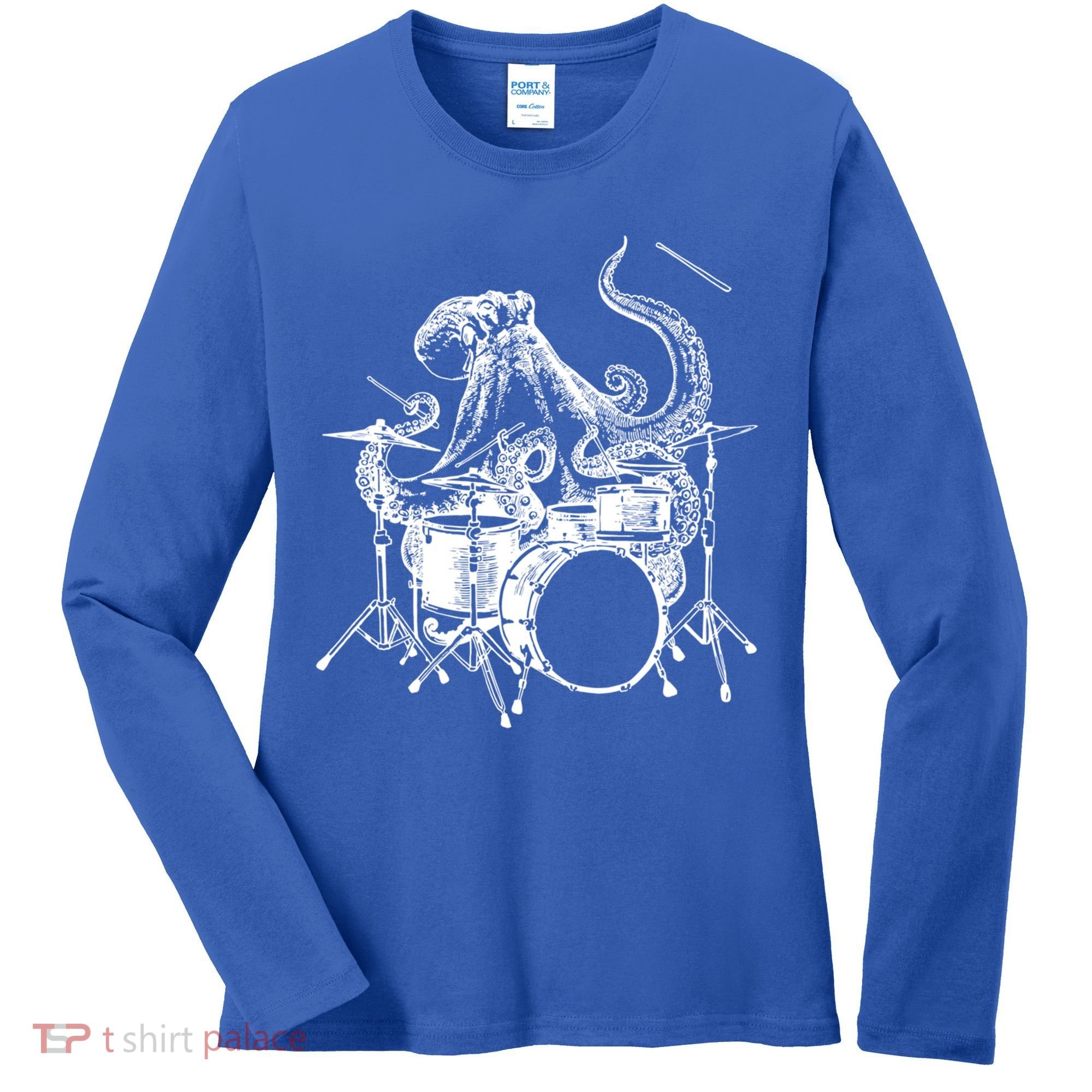 Seembo Octopus Playing Drums Drummer Drumming Musician Band Gift Women's Long Sleeve Shirt