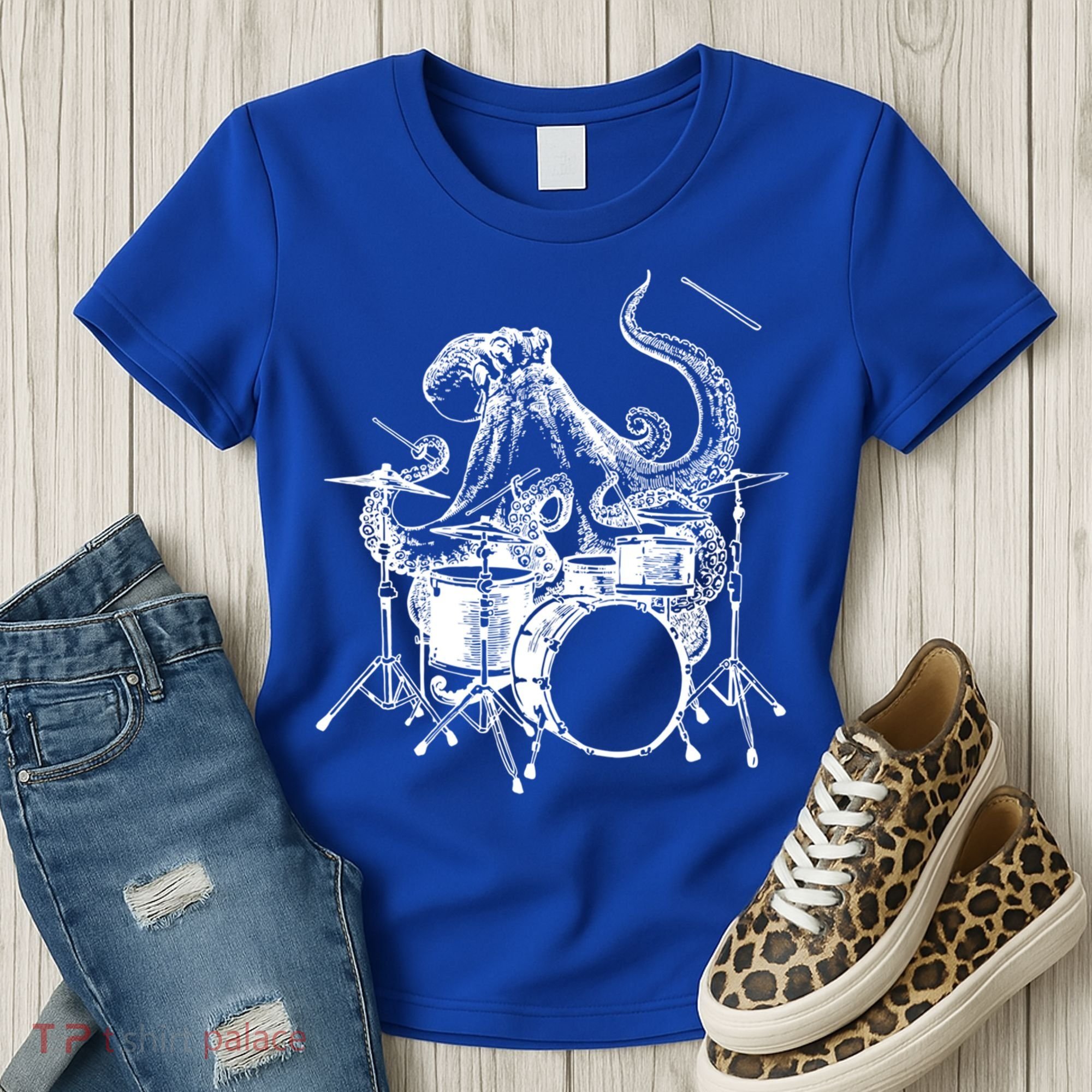 Seembo Octopus Playing Drums Drummer Drumming Musician Band Gift Women's T-Shirt