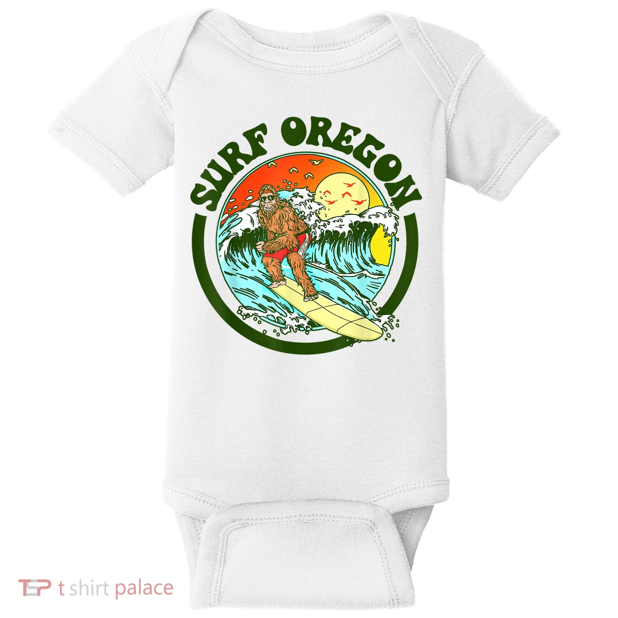 Surf Oregon! Surfing Bigfoot Funny Beach Sasquatch Surfer Shirt Baby Bodysuit