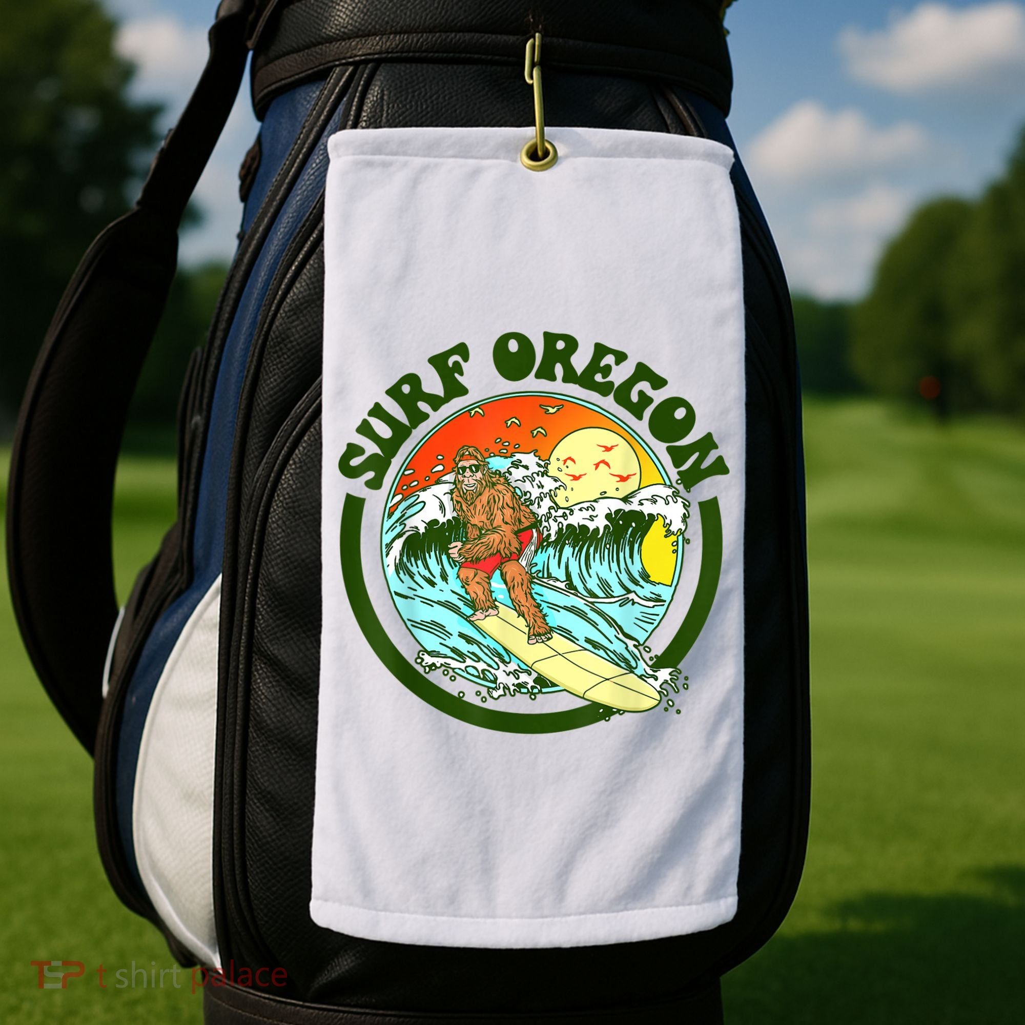 Surf Oregon! Surfing Bigfoot Funny Beach Sasquatch Surfer Shirt Golf Towel