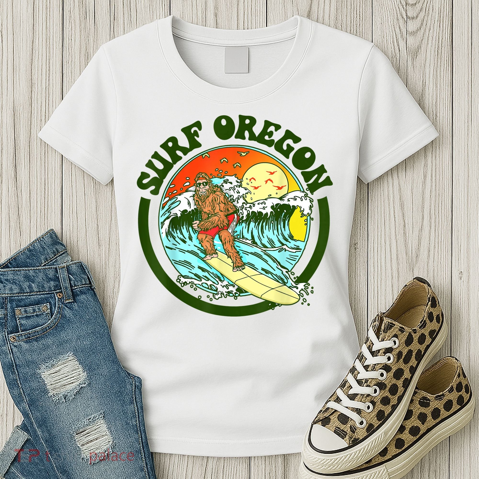 Surf Oregon! Surfing Bigfoot Funny Beach Sasquatch Surfer Shirt Women's T-Shirt