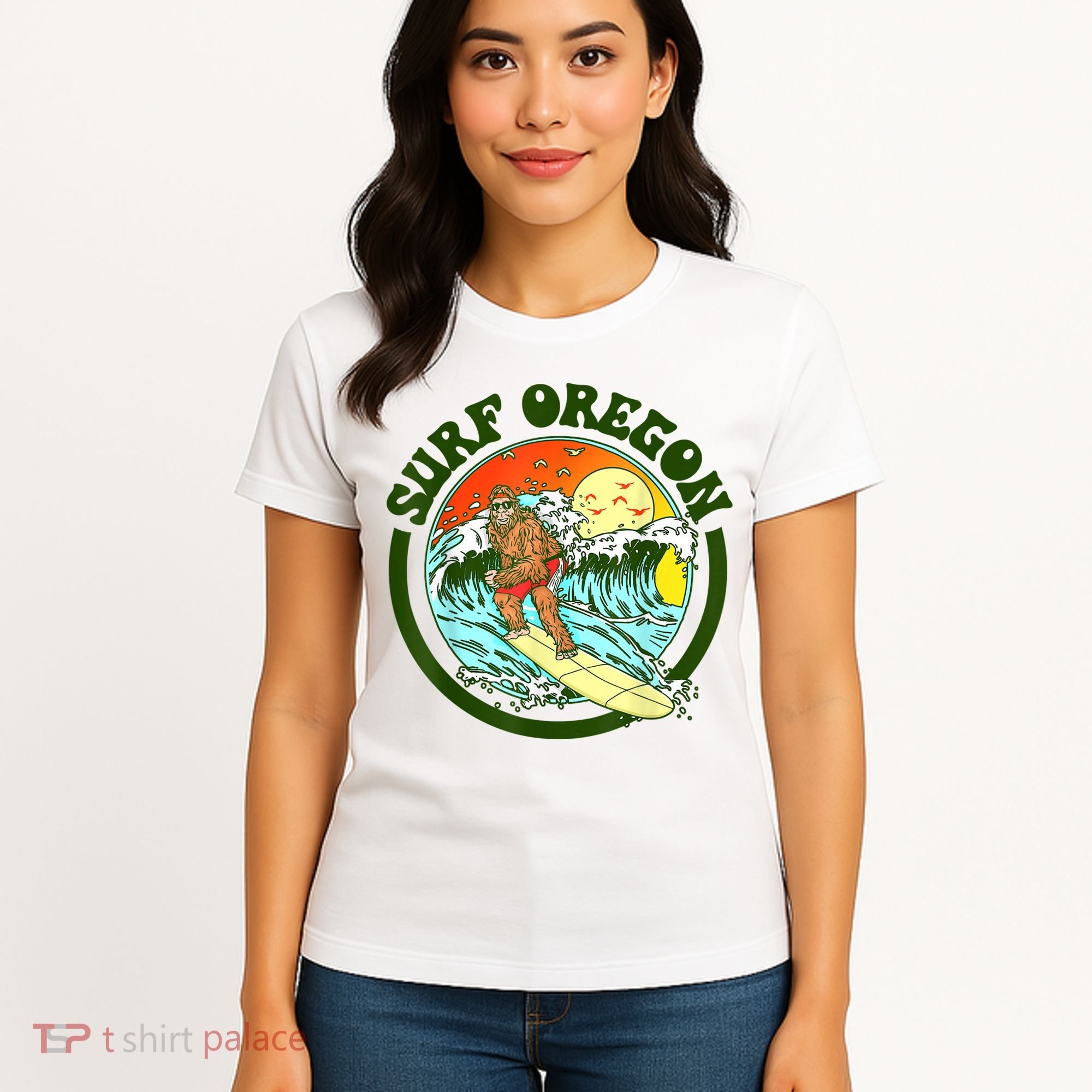 Surf Oregon! Surfing Bigfoot Funny Beach Sasquatch Surfer Shirt Women's T-Shirt