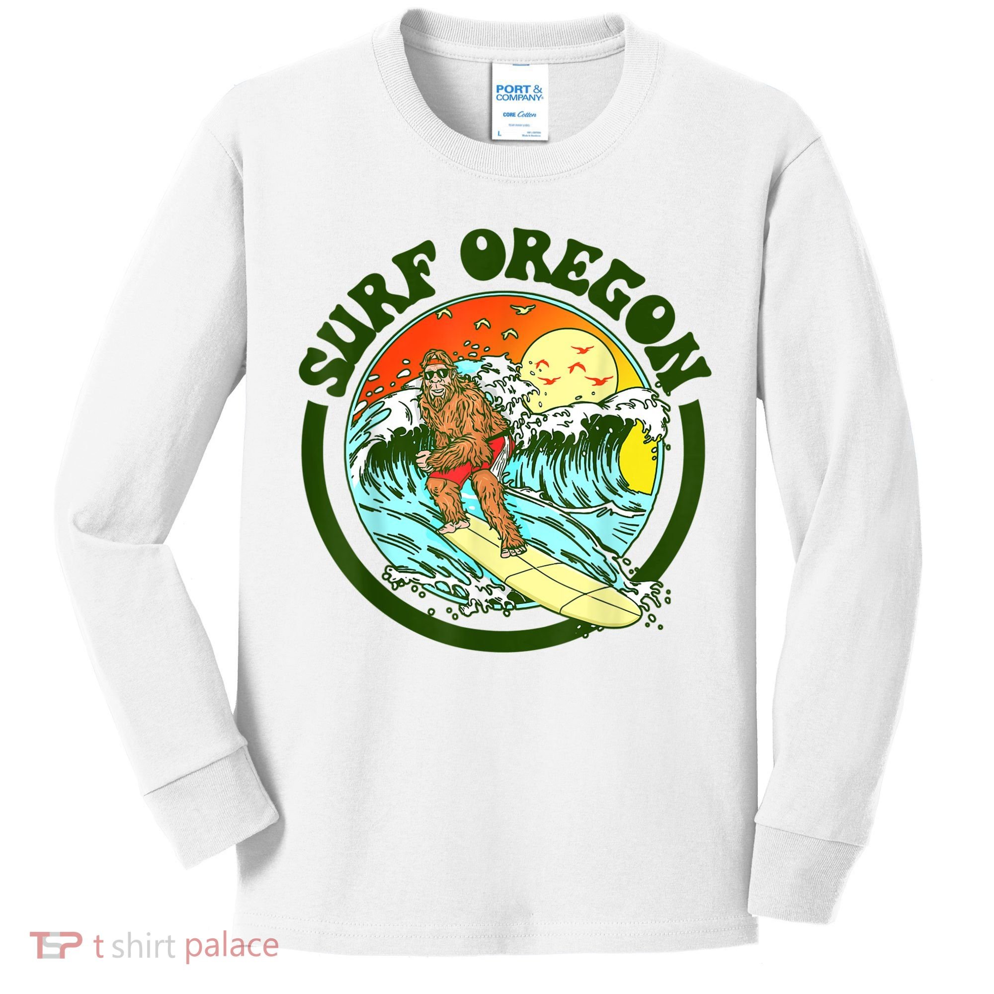 Surf Oregon! Surfing Bigfoot Funny Beach Sasquatch Surfer Shirt Kids Long Sleeve Shirt