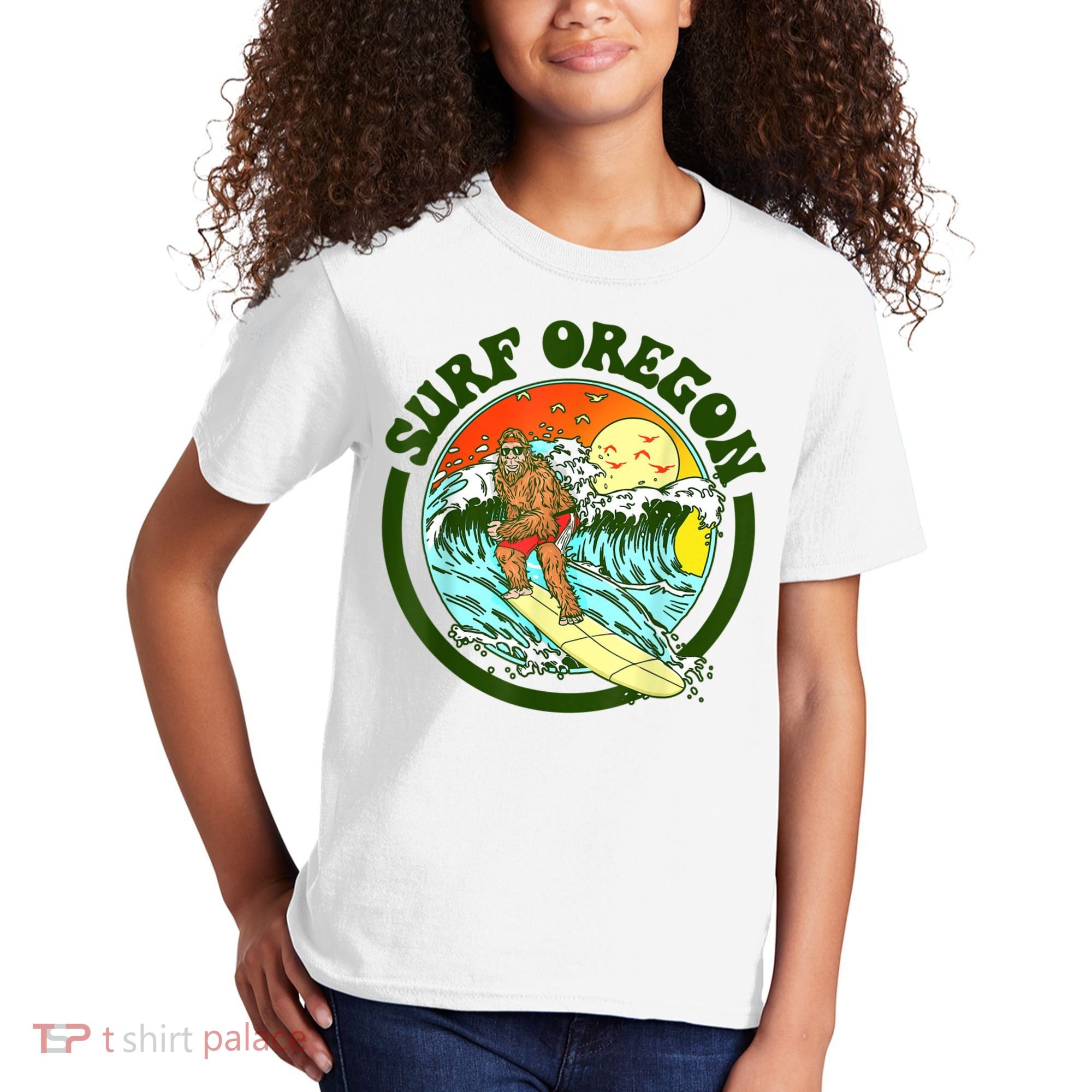 Surf Oregon! Surfing Bigfoot Funny Beach Sasquatch Surfer Shirt Kids T-Shirt