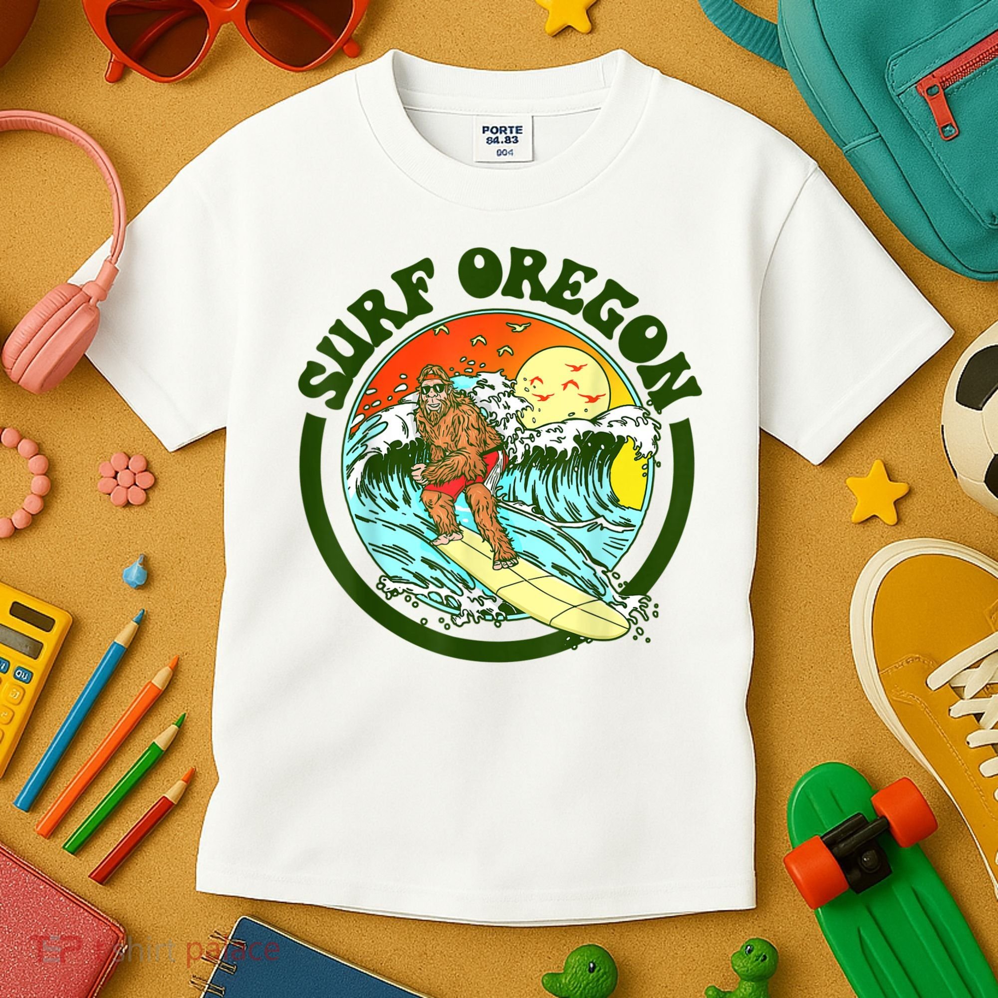 Surf Oregon! Surfing Bigfoot Funny Beach Sasquatch Surfer Shirt Kids T-Shirt