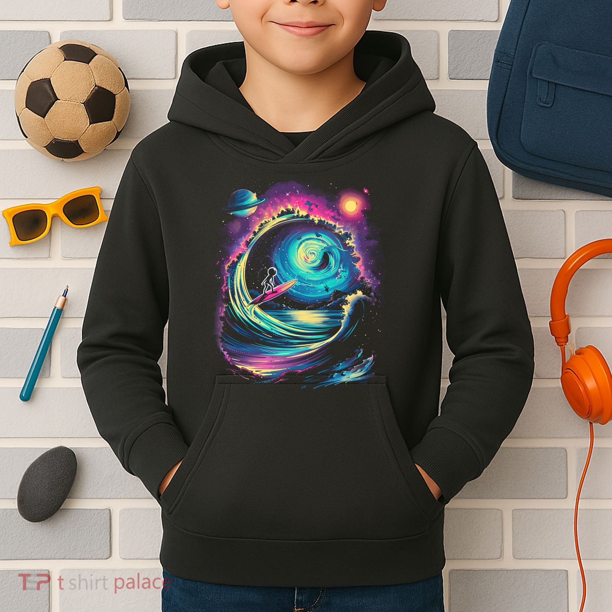 Surfing Outta Space Astronaut Kids Hoodie