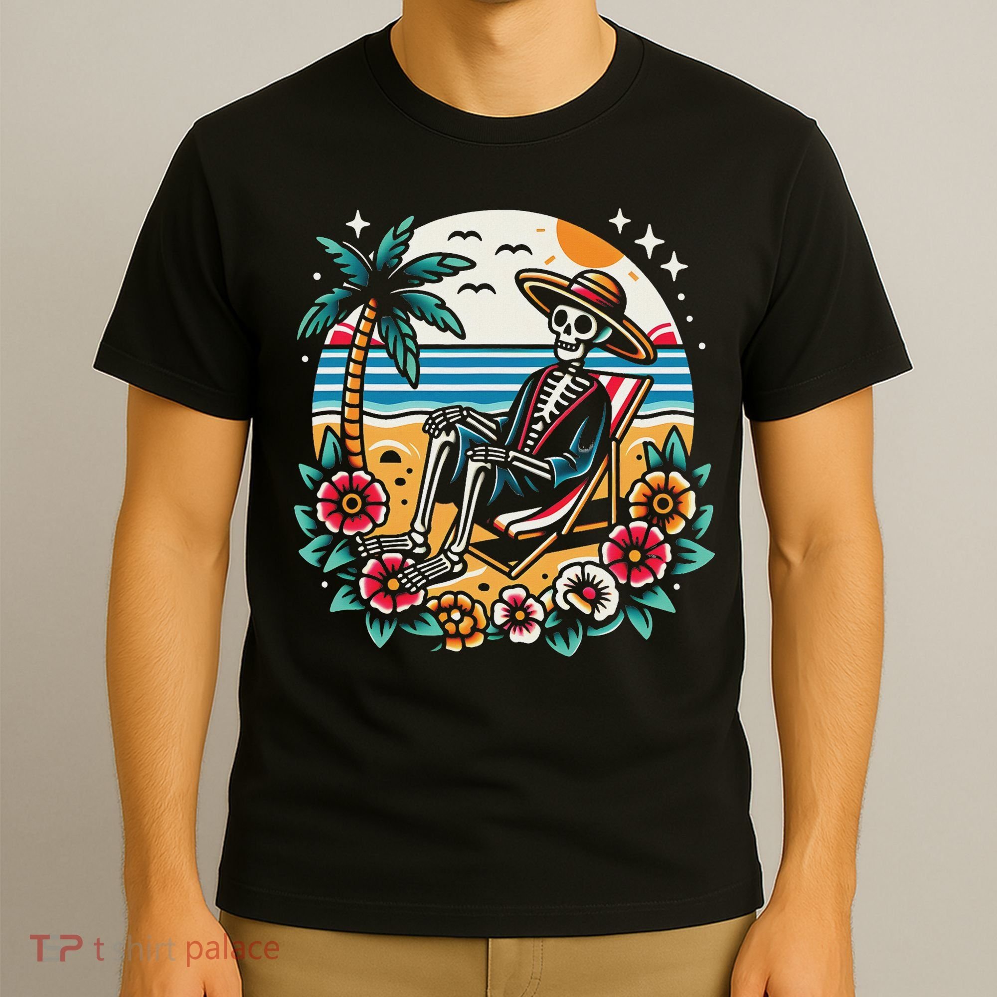 Skeleton On The Beach Traditional Tattoo Artist Inked T-Shirt