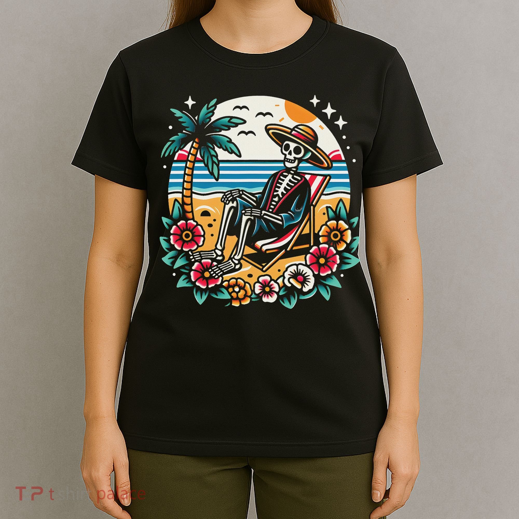 Skeleton On The Beach Traditional Tattoo Artist Inked T-Shirt