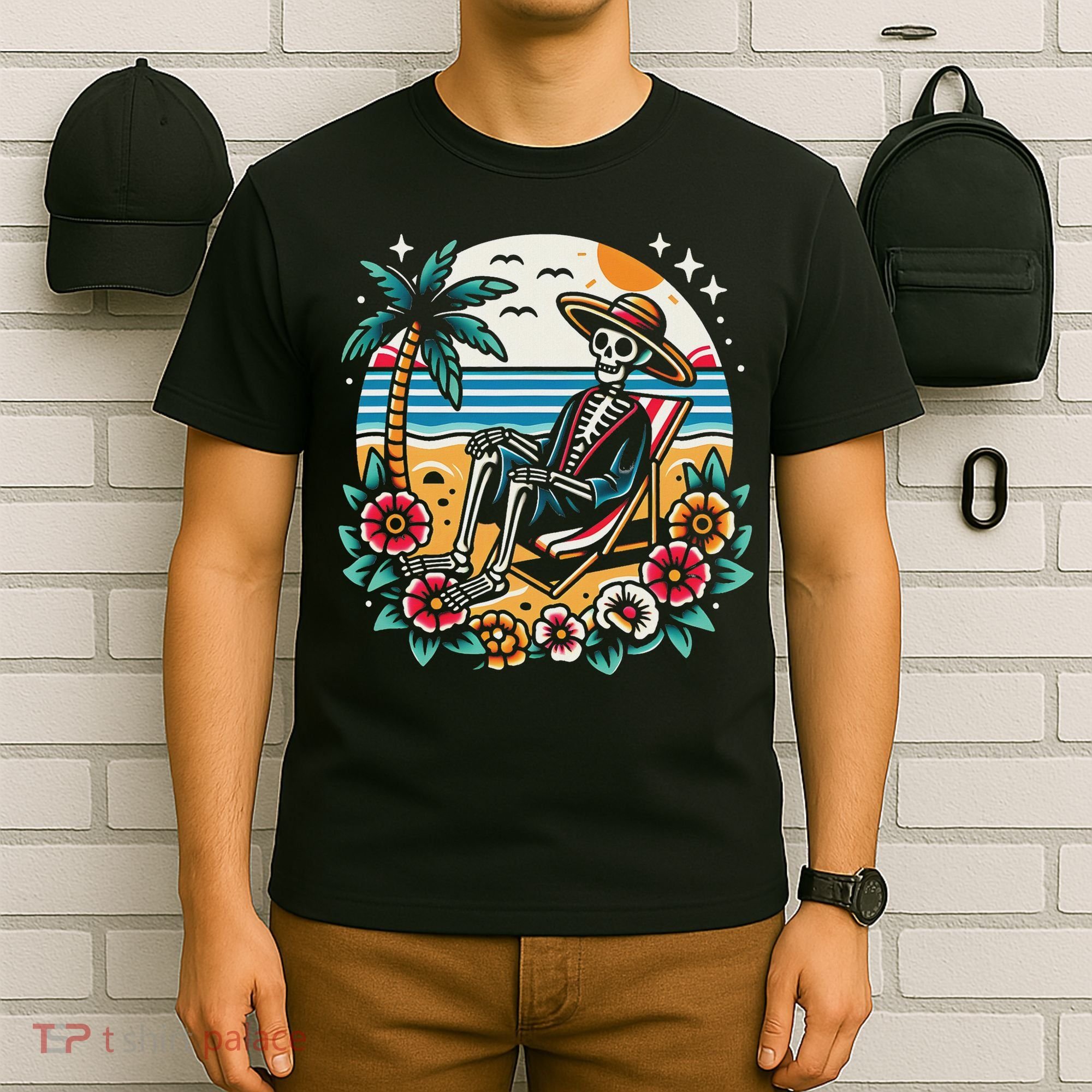Skeleton On The Beach Traditional Tattoo Artist Inked T-Shirt