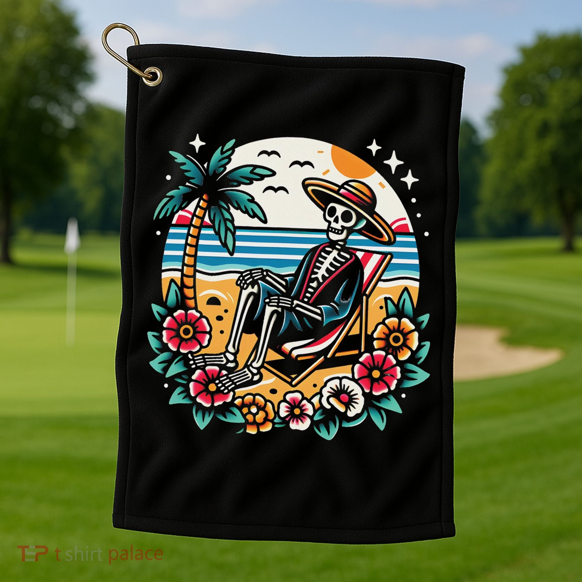 Skeleton On The Beach Traditional Tattoo Artist Inked Golf Towel