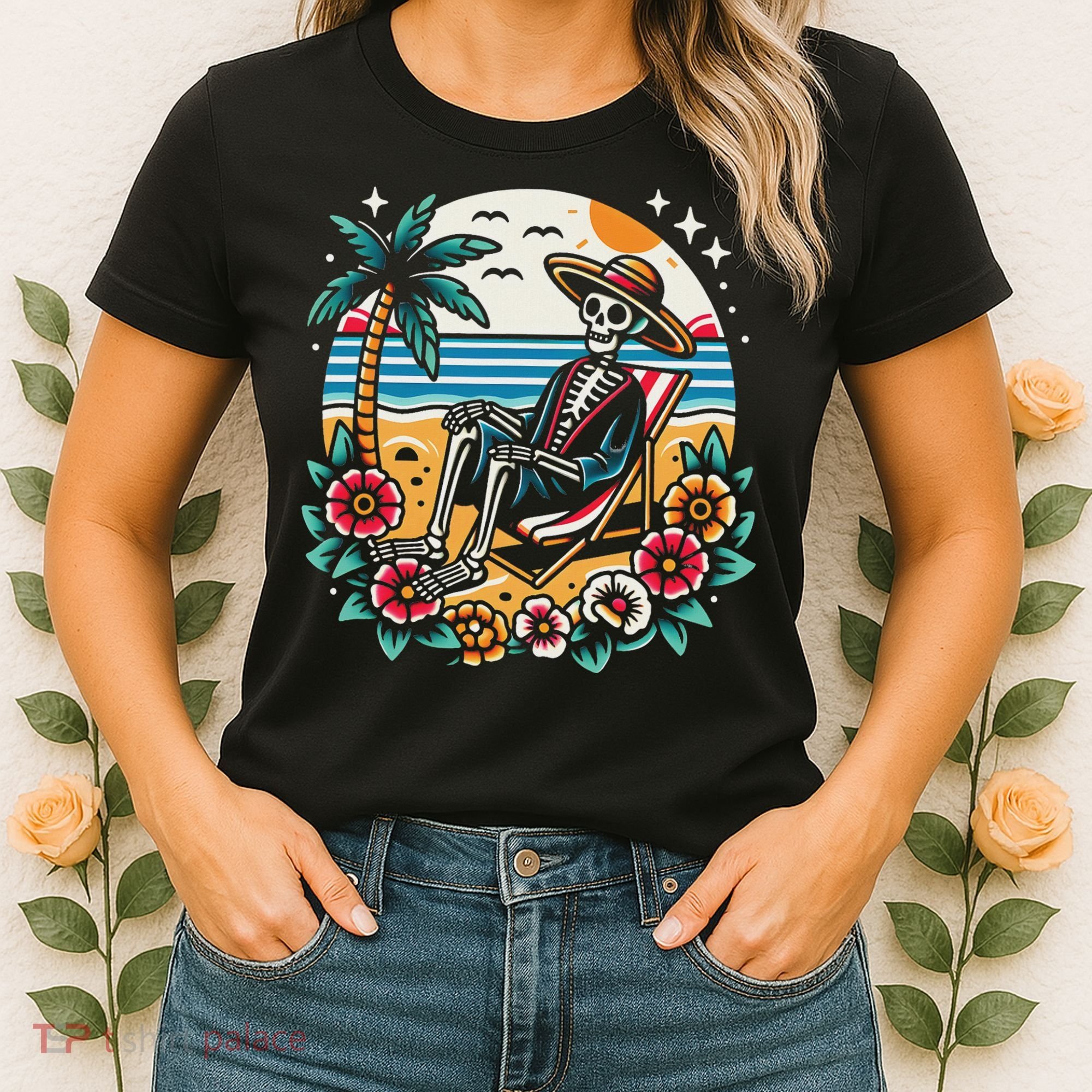 Skeleton On The Beach Traditional Tattoo Artist Inked Women's T-Shirt