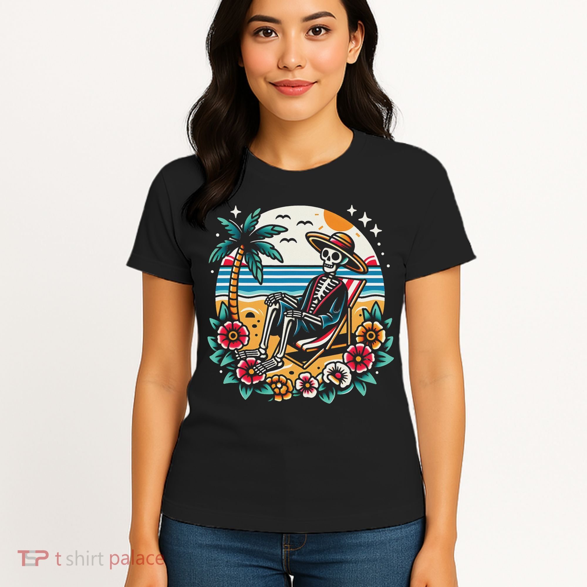 Skeleton On The Beach Traditional Tattoo Artist Inked Women's T-Shirt