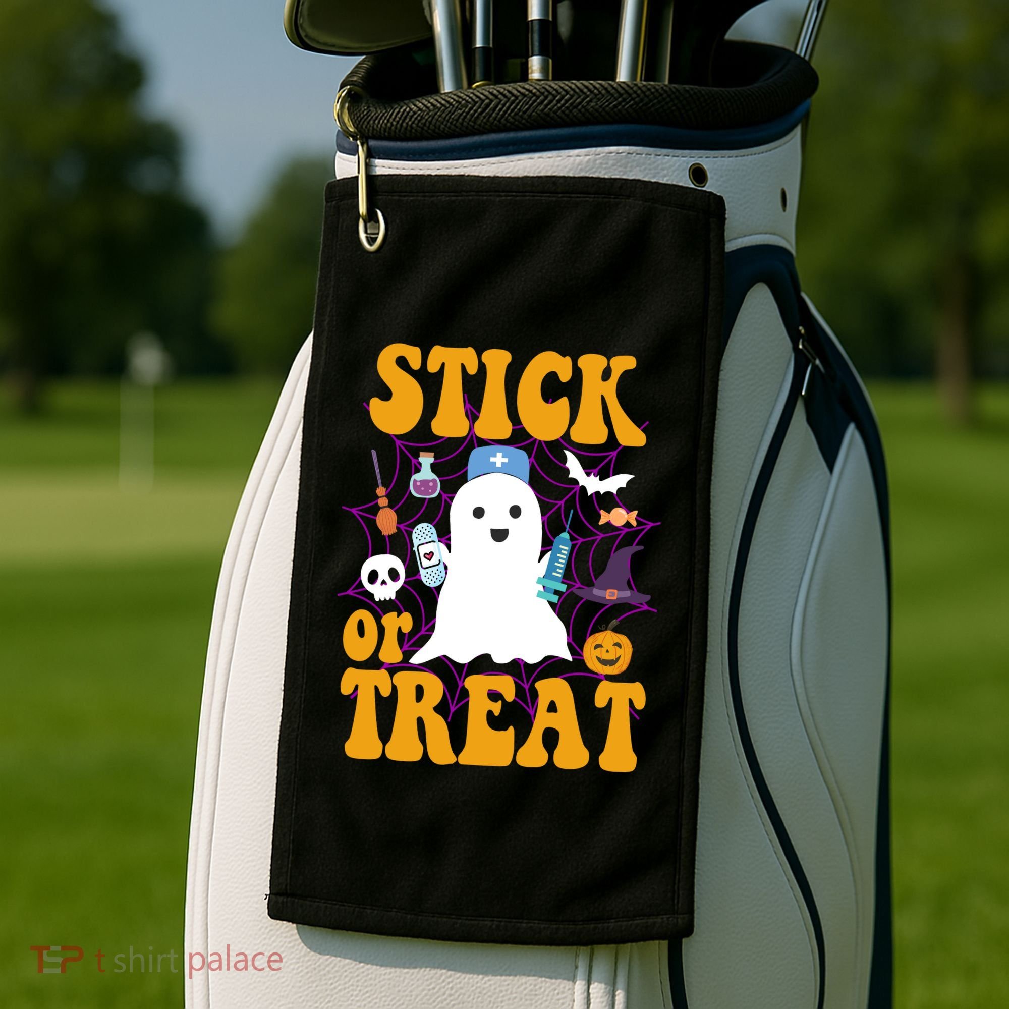 Stick Or Treat Halloween Nurse Ghost Golf Towel