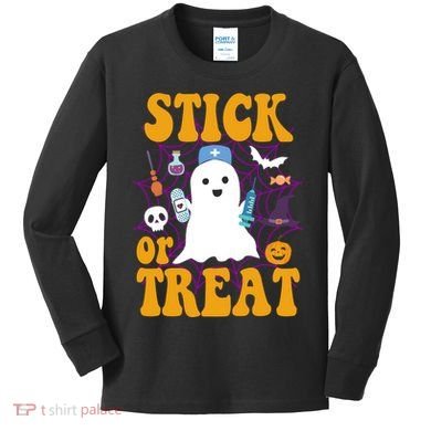 Stick Or Treat Halloween Nurse Ghost Kids Long Sleeve Shirt
