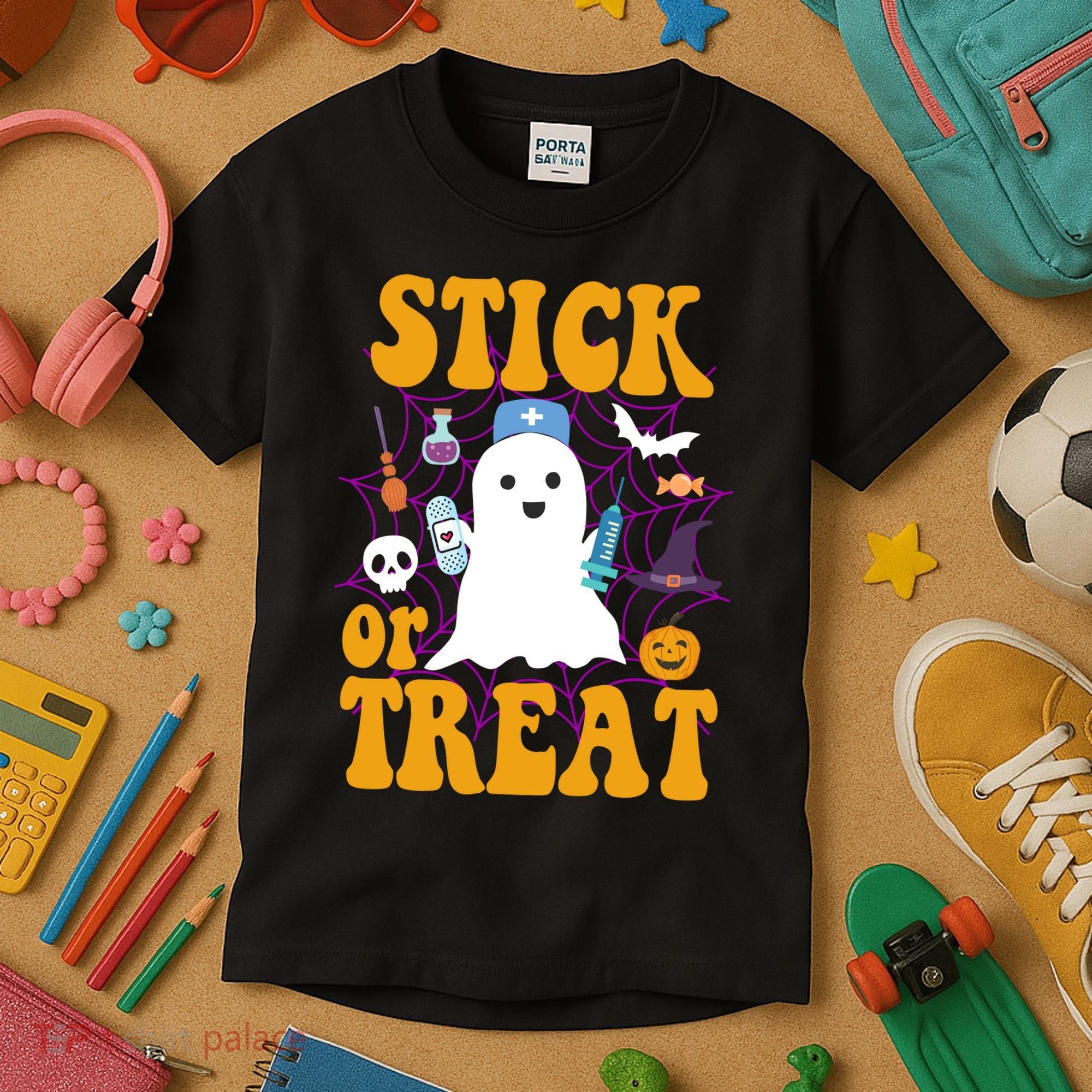 Stick Or Treat Halloween Nurse Ghost Kids T-Shirt