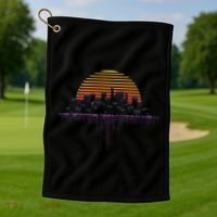 Synthwave Outrun Vaporwave City Sunset Aesthetic Golf Towel thumb 1