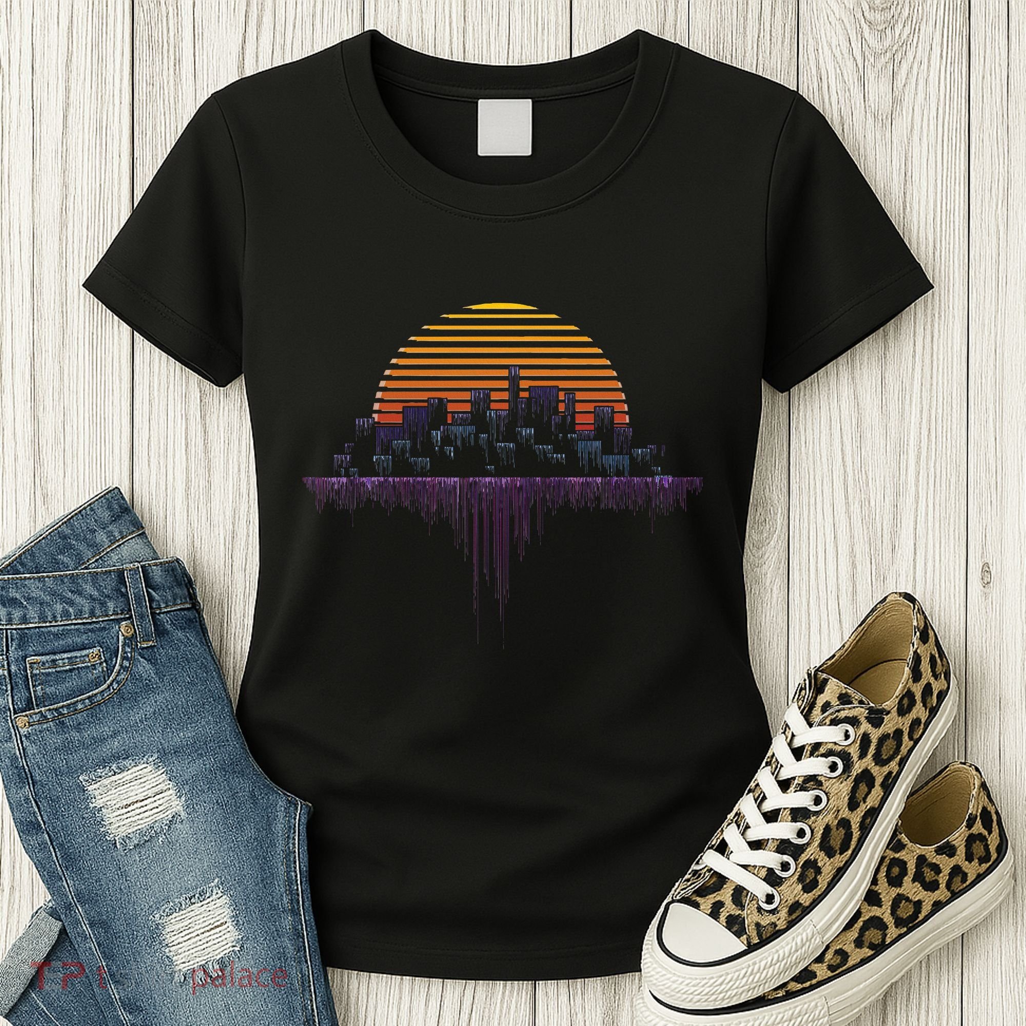 Synthwave Outrun Vaporwave City Sunset Aesthetic Women's T-Shirt