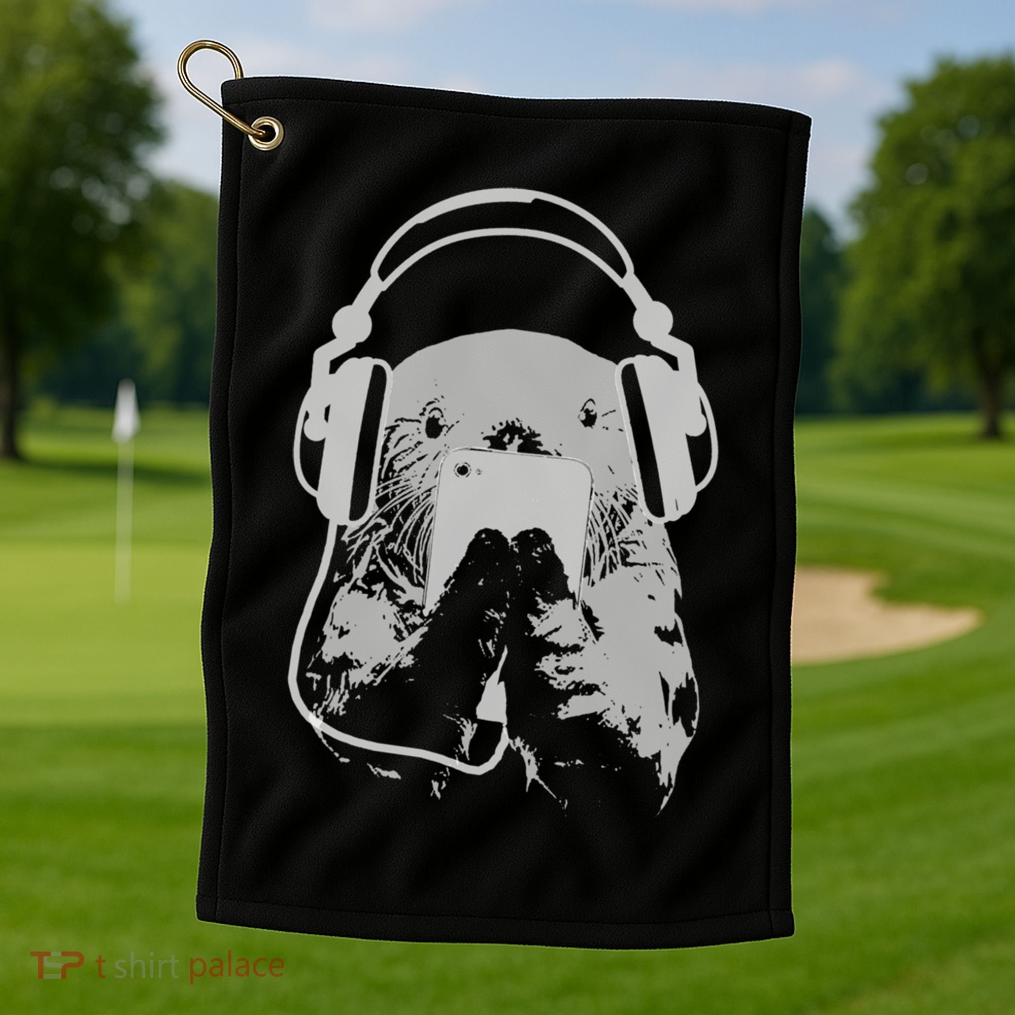 Sea Otter With Cell Phone And Headphones Gift Golf Towel